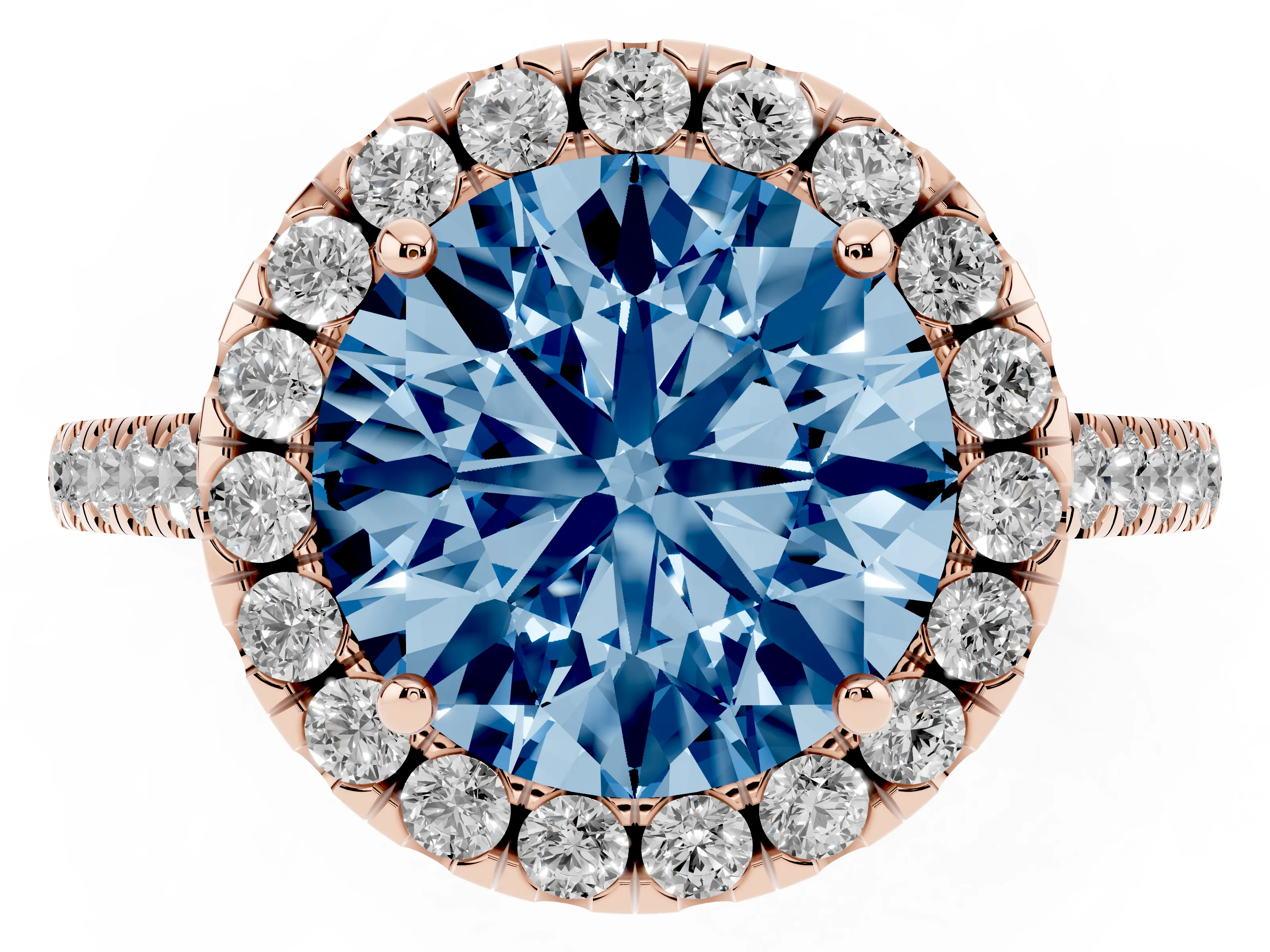Fancy Blue Round Cut Diamond Pavé Halo Engagement Ring Set in Rose gold with Pavé Band and Prong Setting