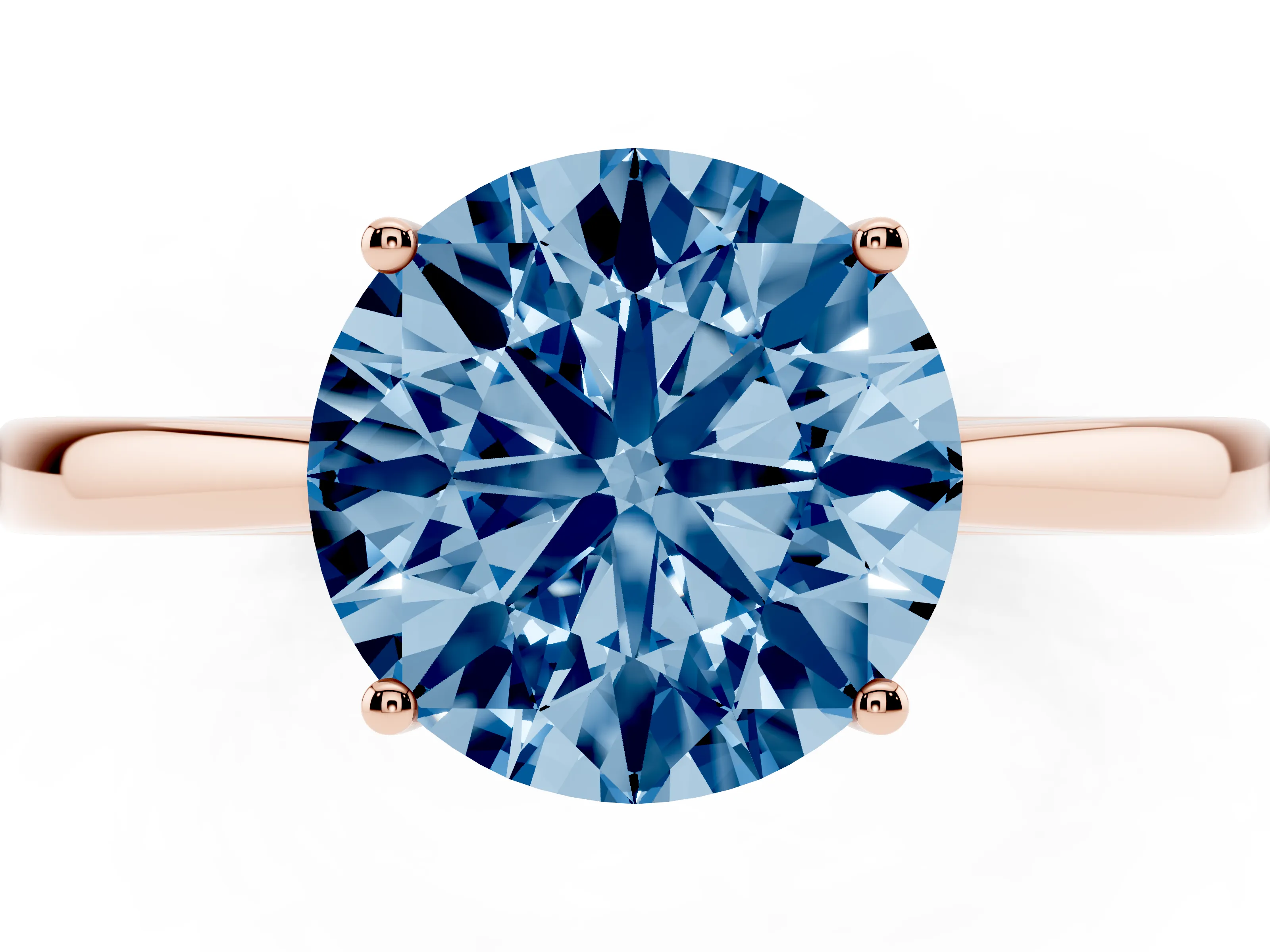 Fancy Blue Round Cut Diamond Solitaire Ring Set in Rose gold with Split Shank and Prong Setting
