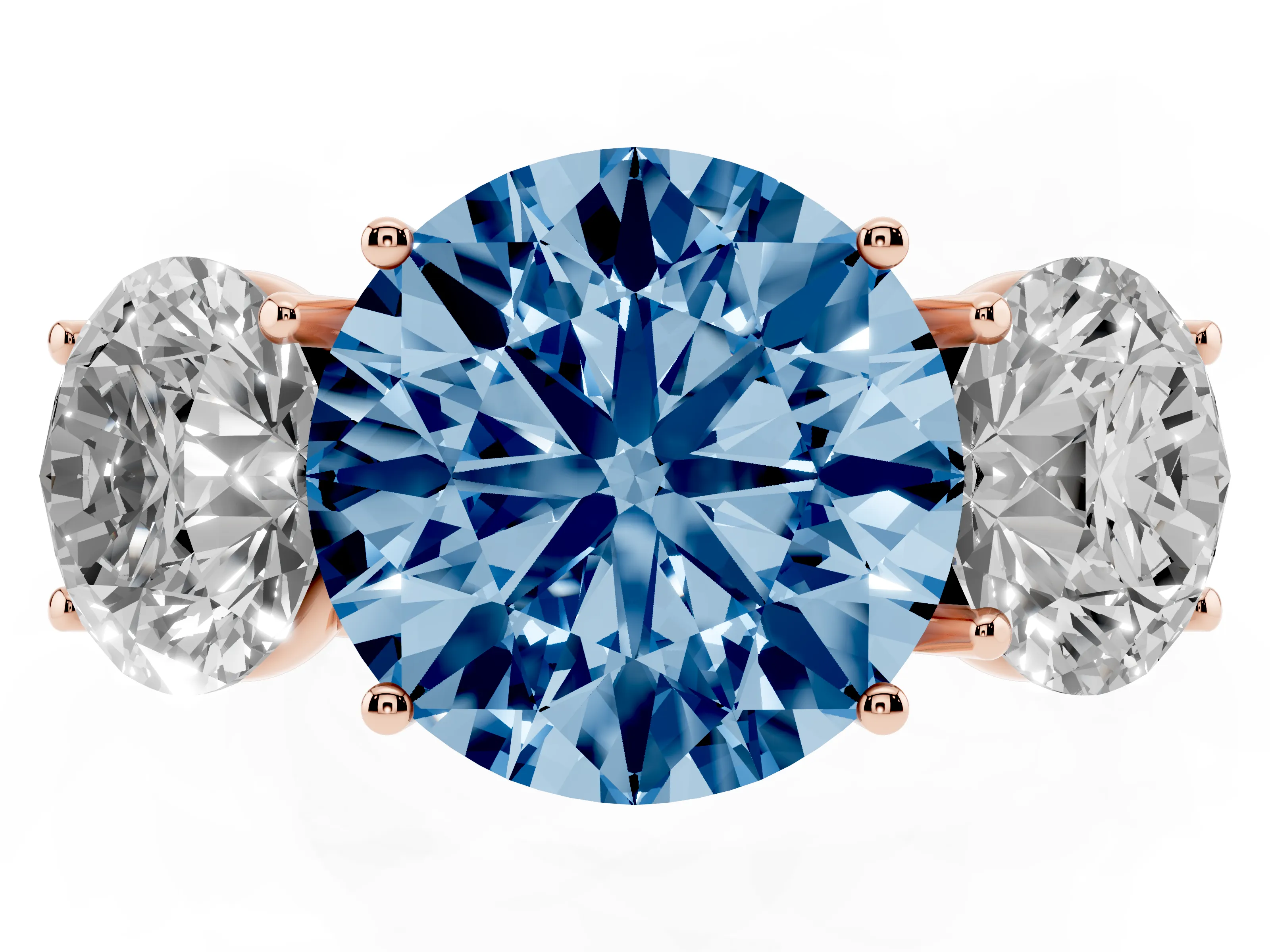 Fancy Blue Round Cut Diamond Three-Stone Ring Set in Rose gold with Braided Band