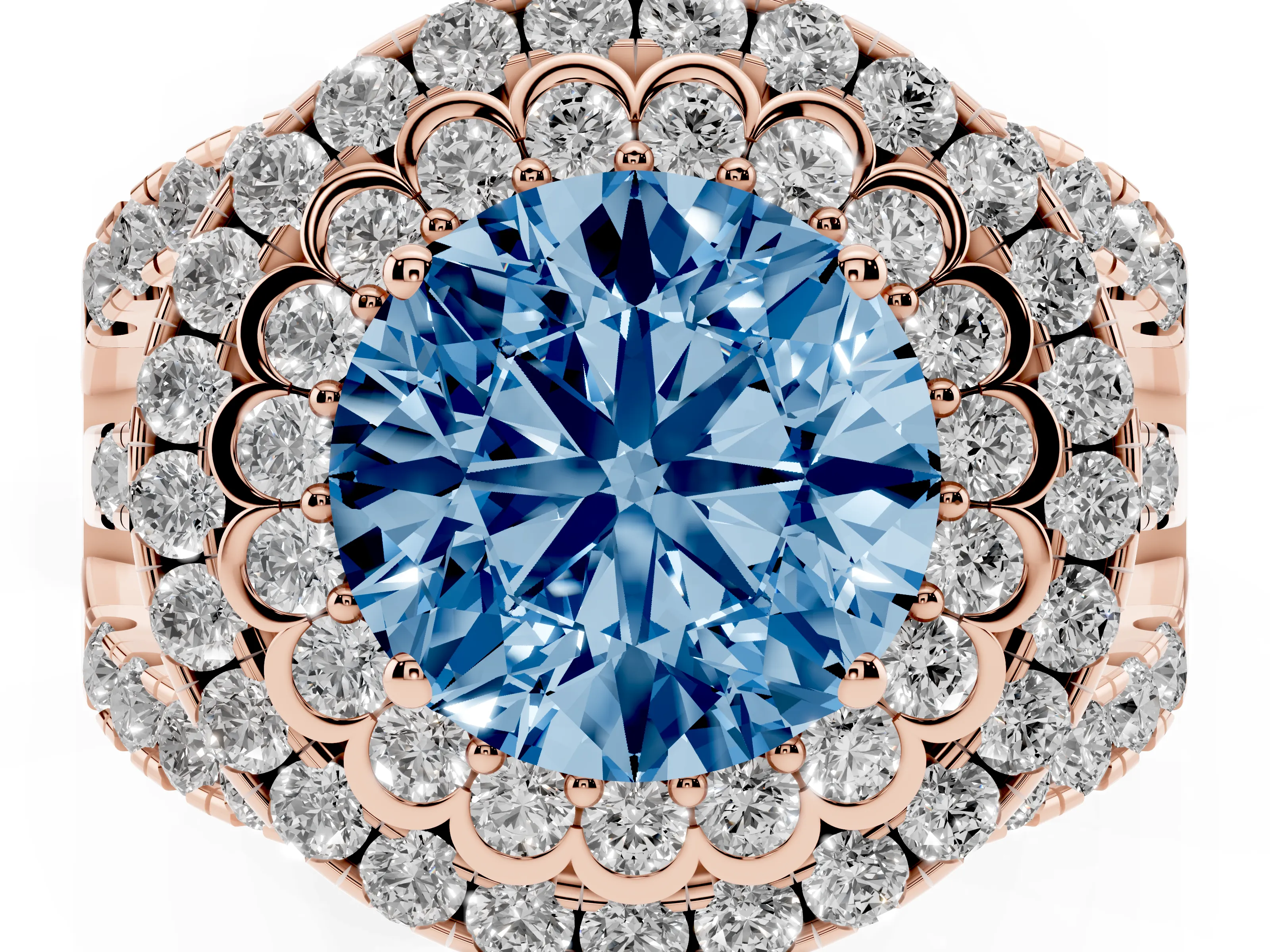 Fancy Blue Round Cut Diamond Double Halo Ring Set in Rose gold with Round Pavé Split Shank