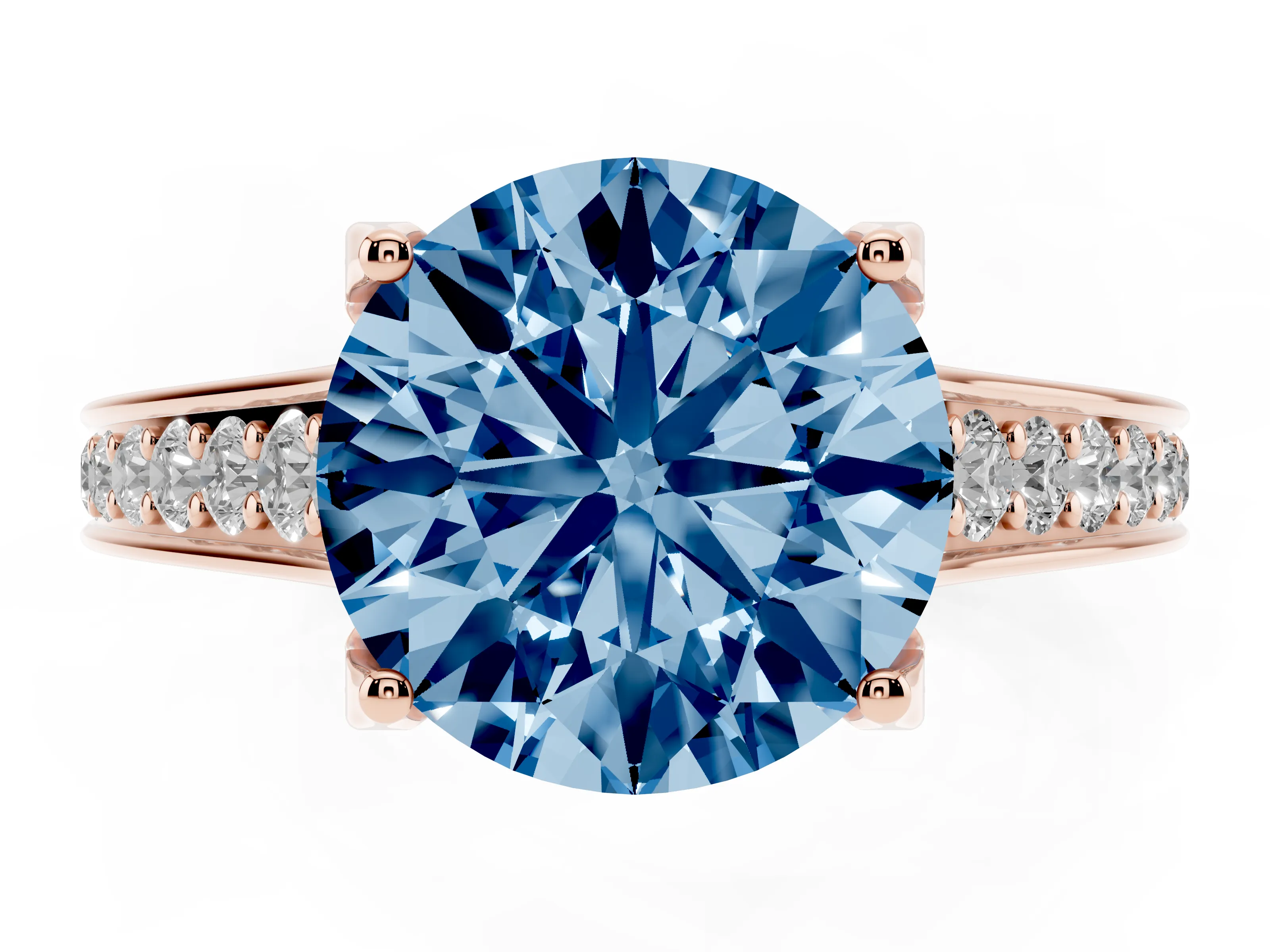 Fancy Blue Round Cut Diamond Solitaire Pavé Engagement Ring Set in Rose gold with Prong Setting