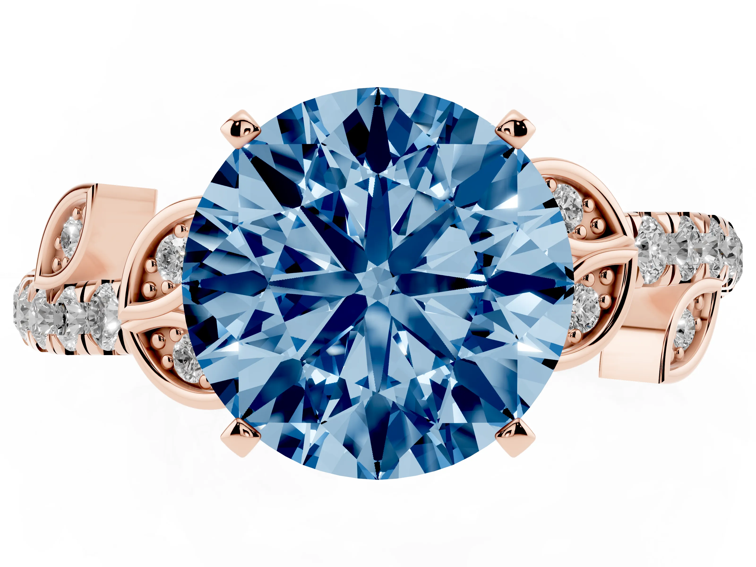 Fancy Blue Round Cut Diamond Solitaire Leaf-Inspired Ring Set in Rose gold with Pavé Band and Prong Setting