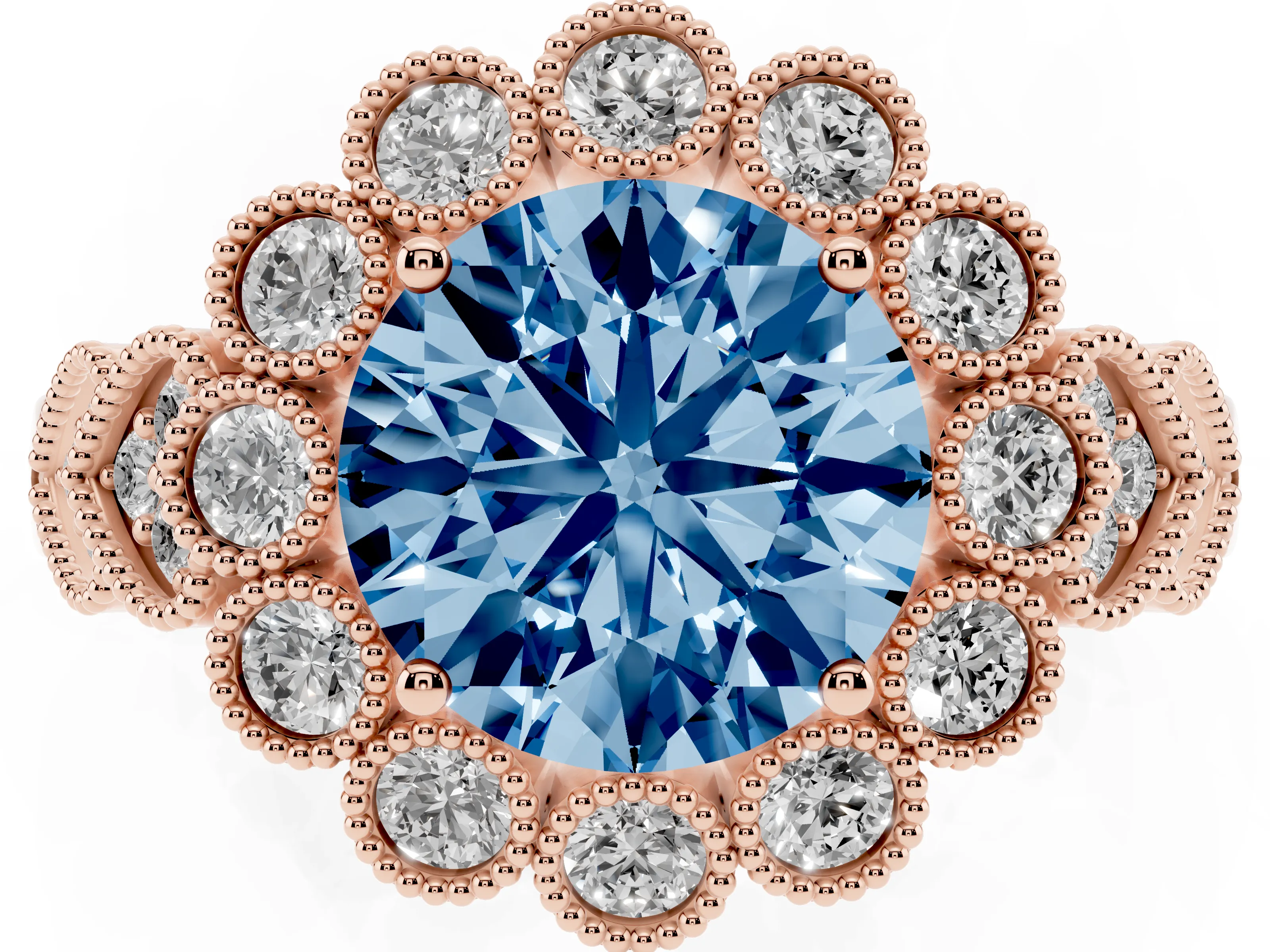 Fancy Blue Round Cut Diamond Solitaire Ring Set in Rose gold with Milgrain Pavé Heart Band
