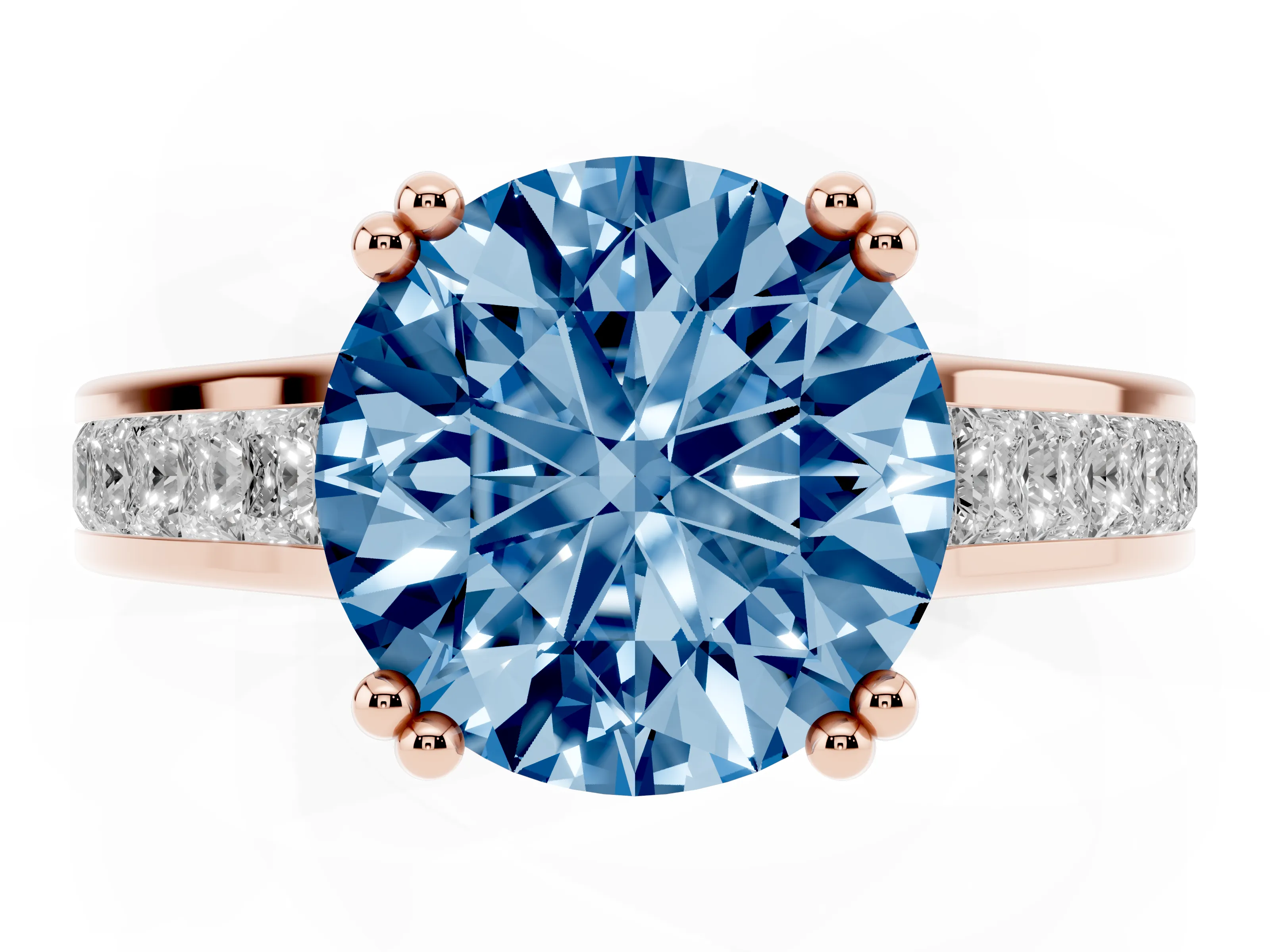 Fancy Blue Round Cut Diamond Channel Set Solitaire Engagement Ring Set in Rose gold with Prong Setting