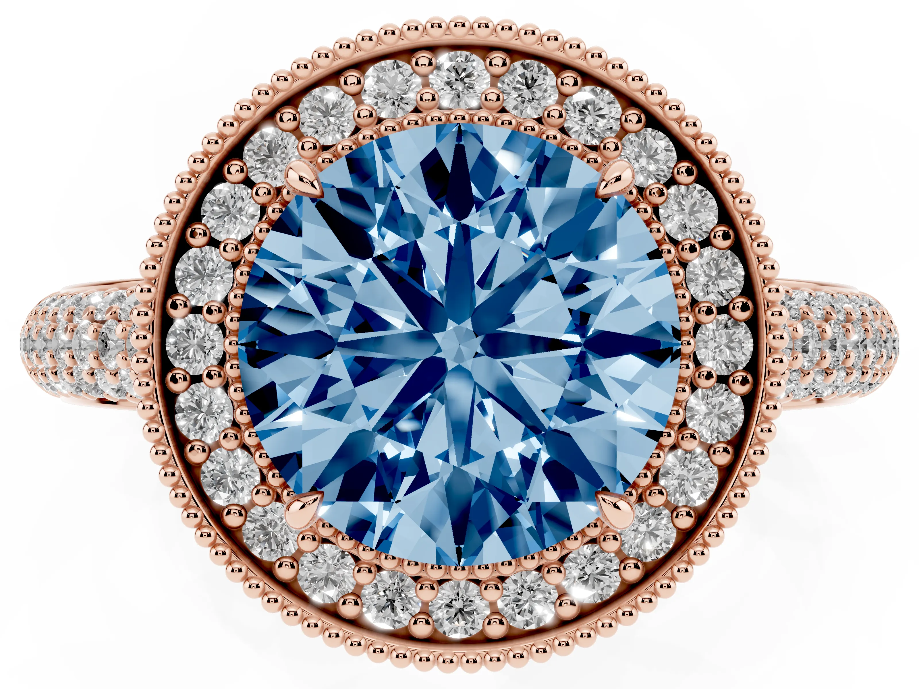 Fancy Blue Round Cut Diamond Halo Pavé Band Set in Rose gold with Prong Setting