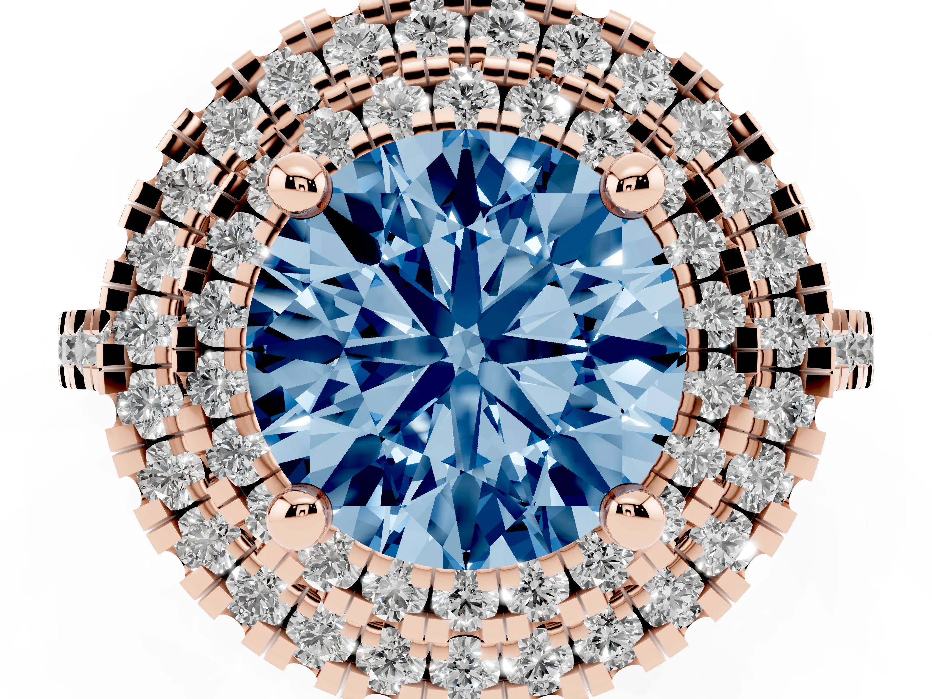 Fancy Blue Round Cut Diamond Double Halo Statement Ring Set in Rose gold with Pavé Band