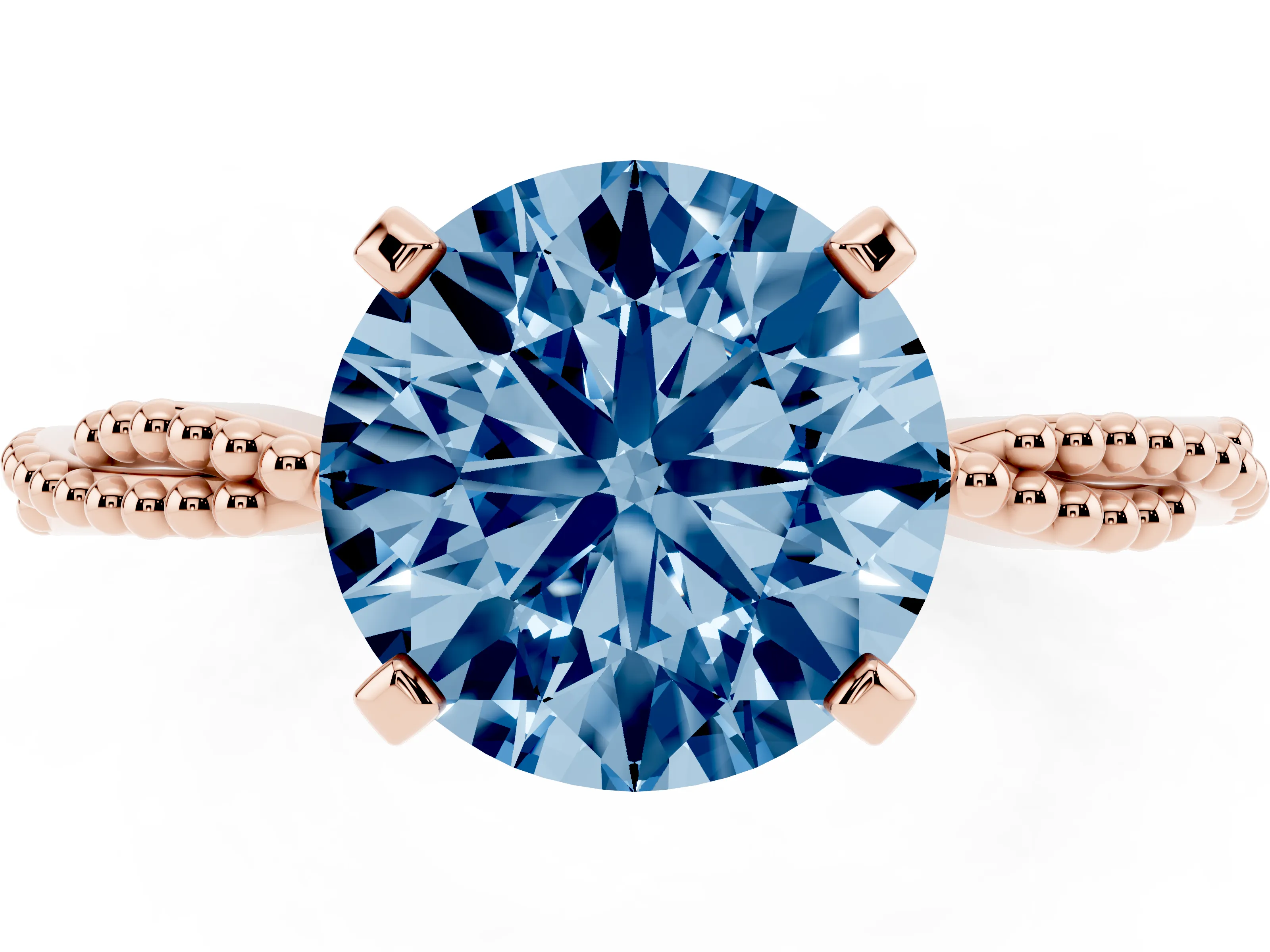 Fancy Blue Round Cut Diamond Solitaire Ring Set in Rose gold with Twisted Band and Bead Prong Setting