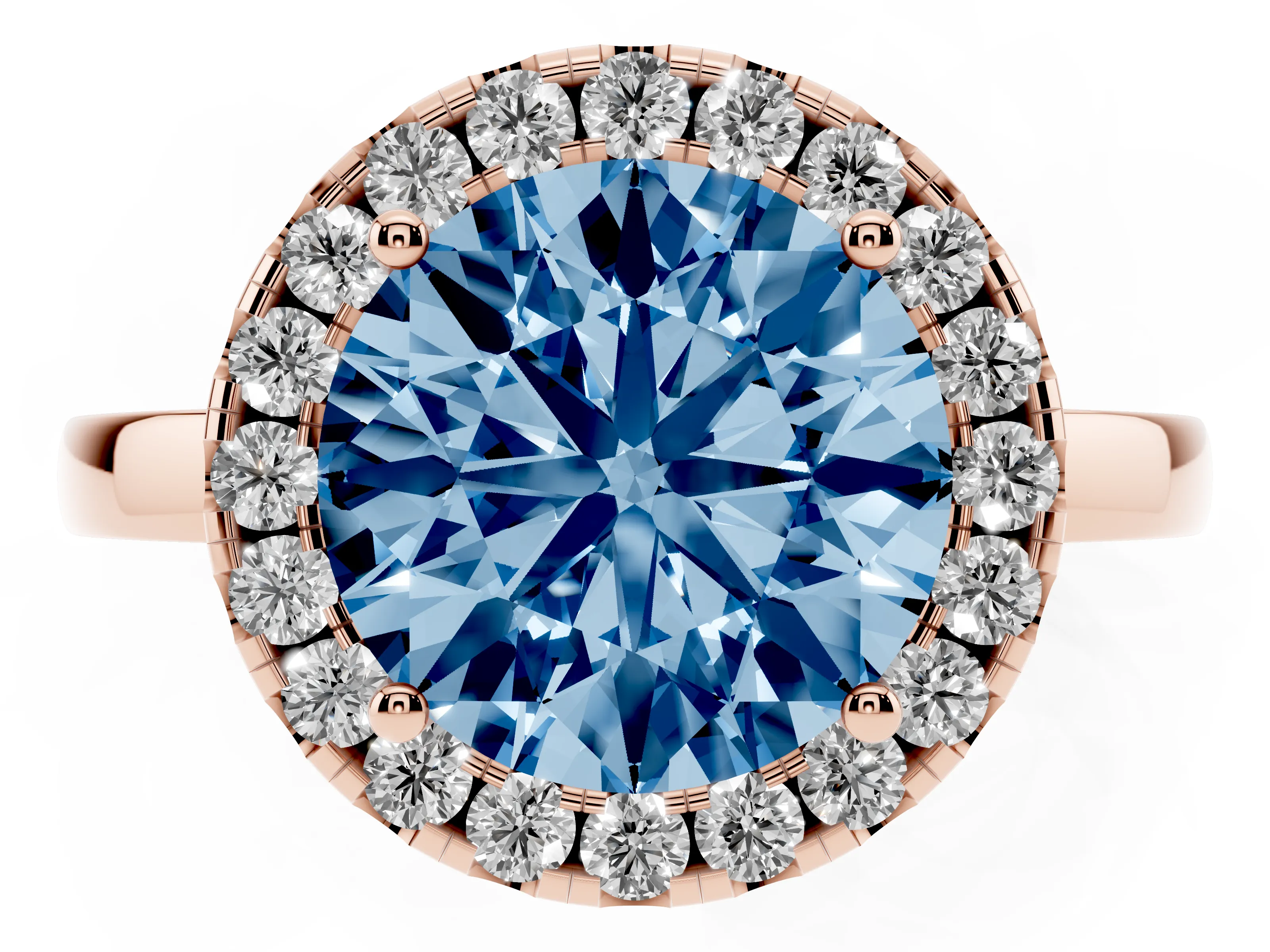 Fancy Blue Round Cut Diamond Halo Solitaire Ring Set in Rose gold with Pavé Band and Prong Setting