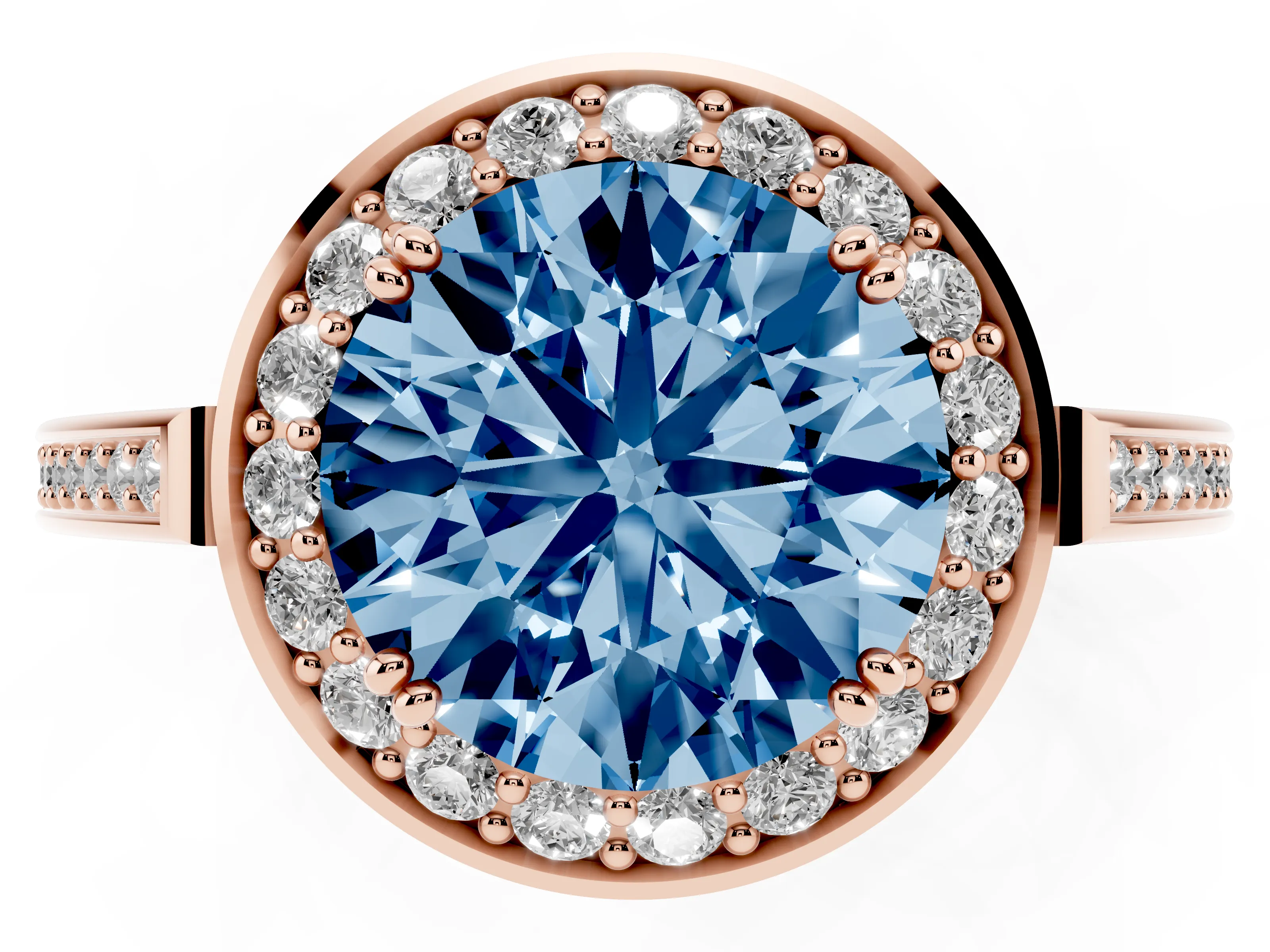 Fancy Blue Round Cut Diamond Halo Ring Set in Rose gold with Accent-Lined Split Shank and Prong Setting