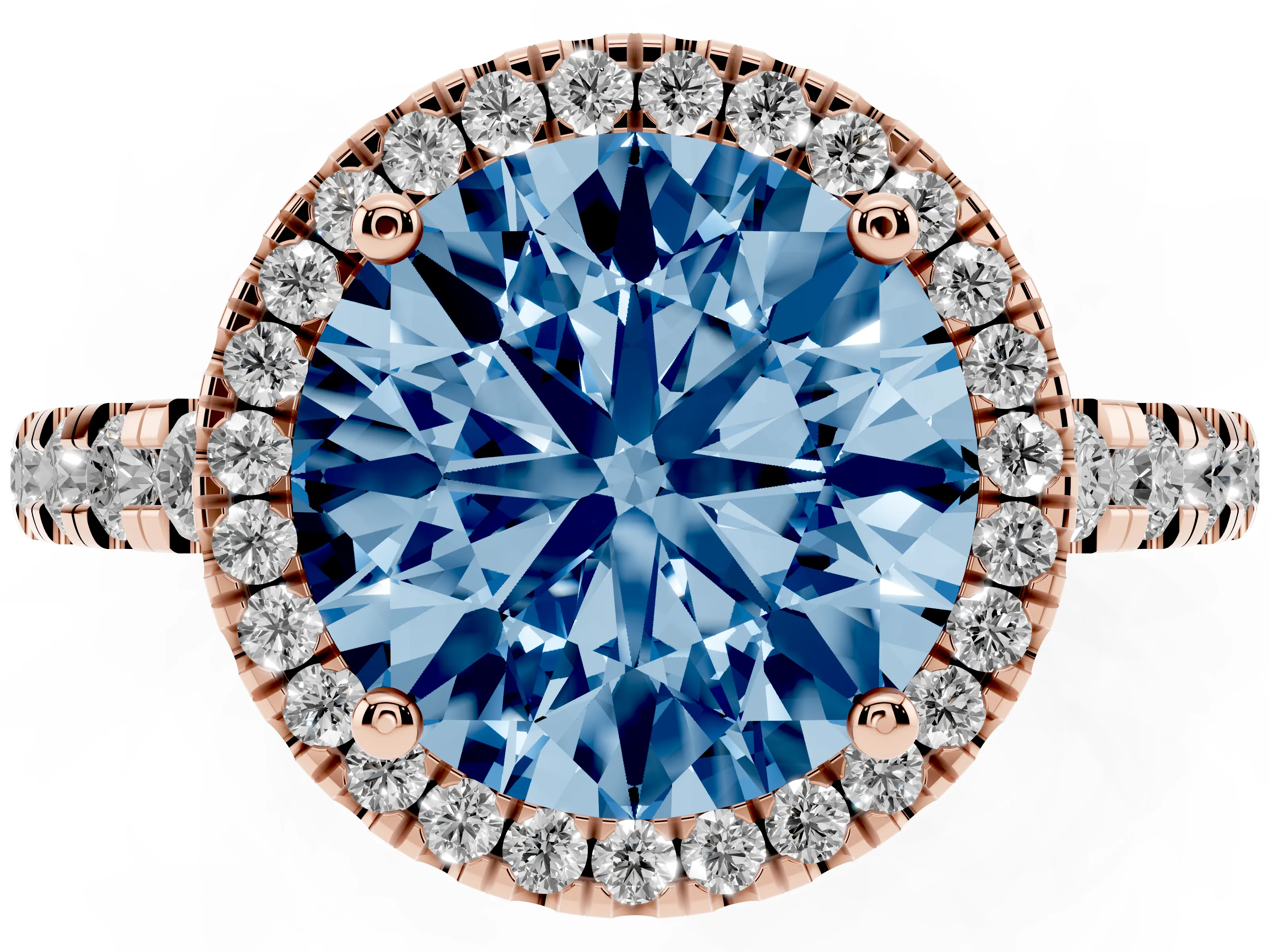 Fancy Blue Round Cut Diamond Halo Ring Set in Rose gold with Delicate Pavé Band and Prong Setting