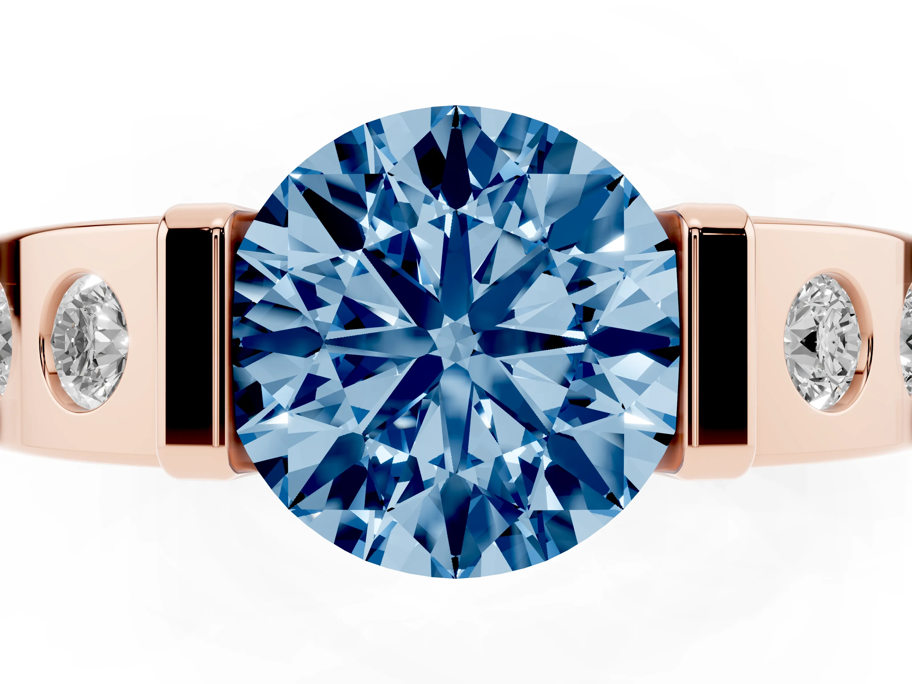 Fancy Blue Round Cut Diamond Channel-Set Band Ring Set in Rose gold with Bezel Prong Setting