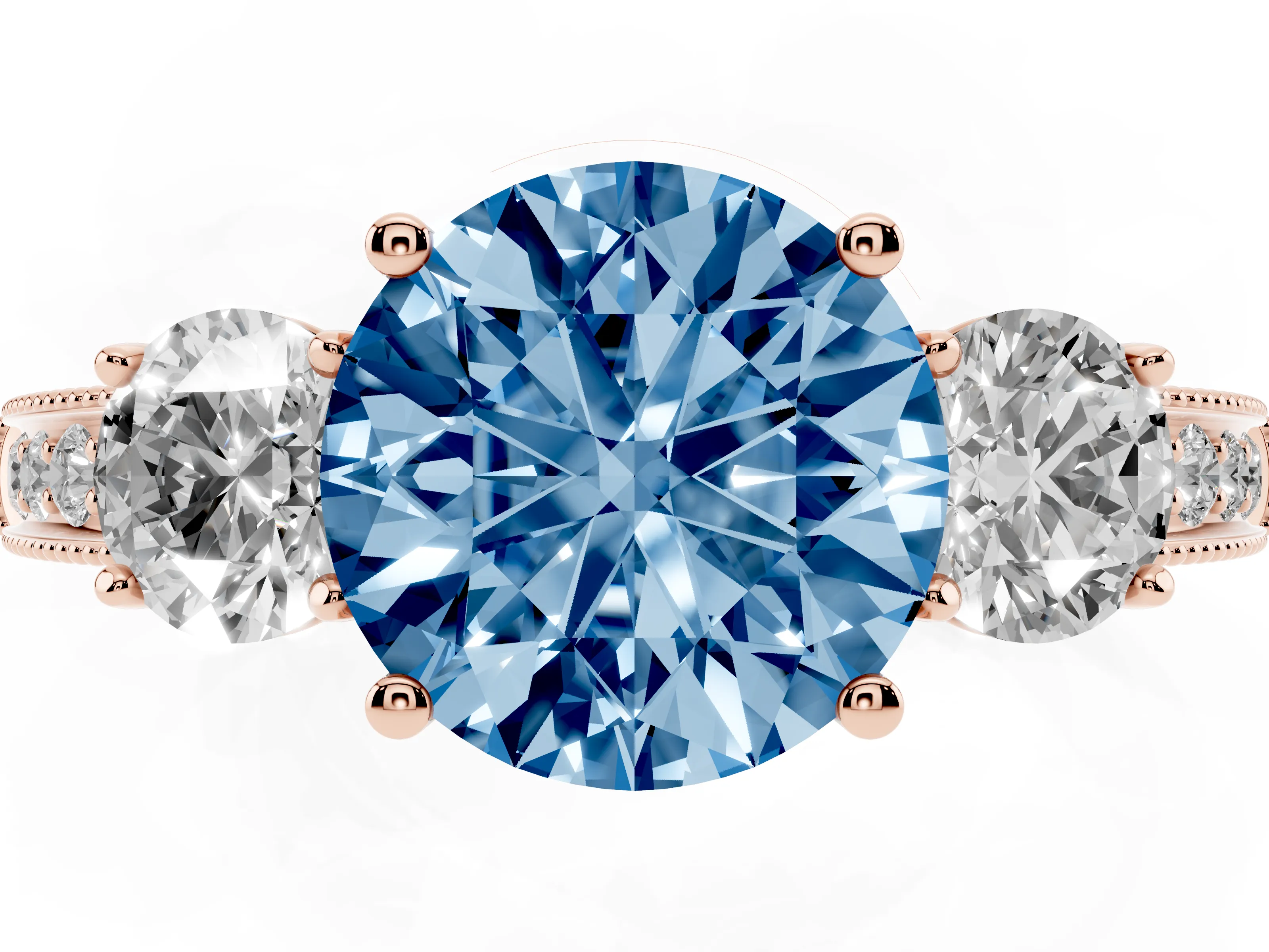 Fancy Blue Round Cut Diamond Three-Stone Ring Set in Rose gold with Round Side Stones and Pavé Band