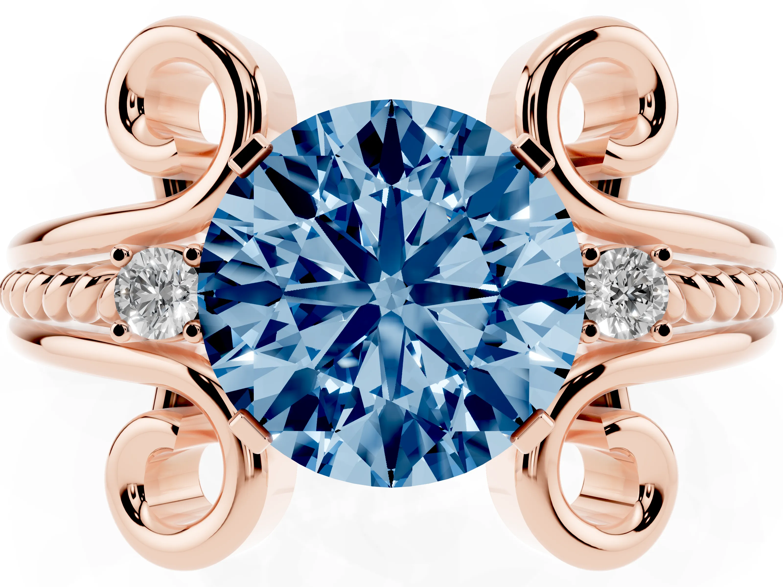 Fancy Blue Round Cut Diamond Twisted Band Solitaire Ring Set in Rose gold with Scroll Prongs