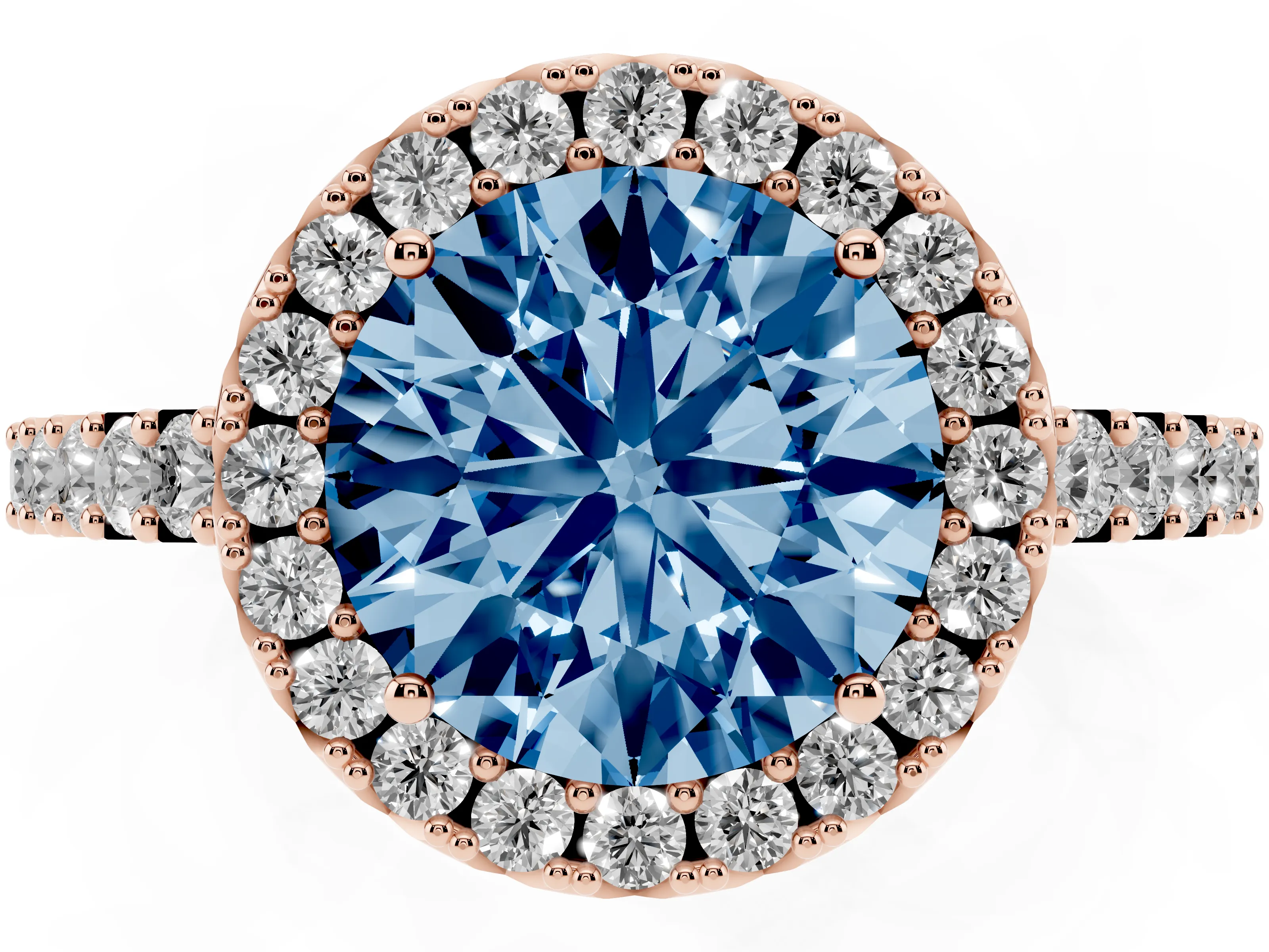Fancy Blue Round Cut Diamond Halo Pavé Solitaire Ring Set in Rose gold with Prong-Set Center Stone