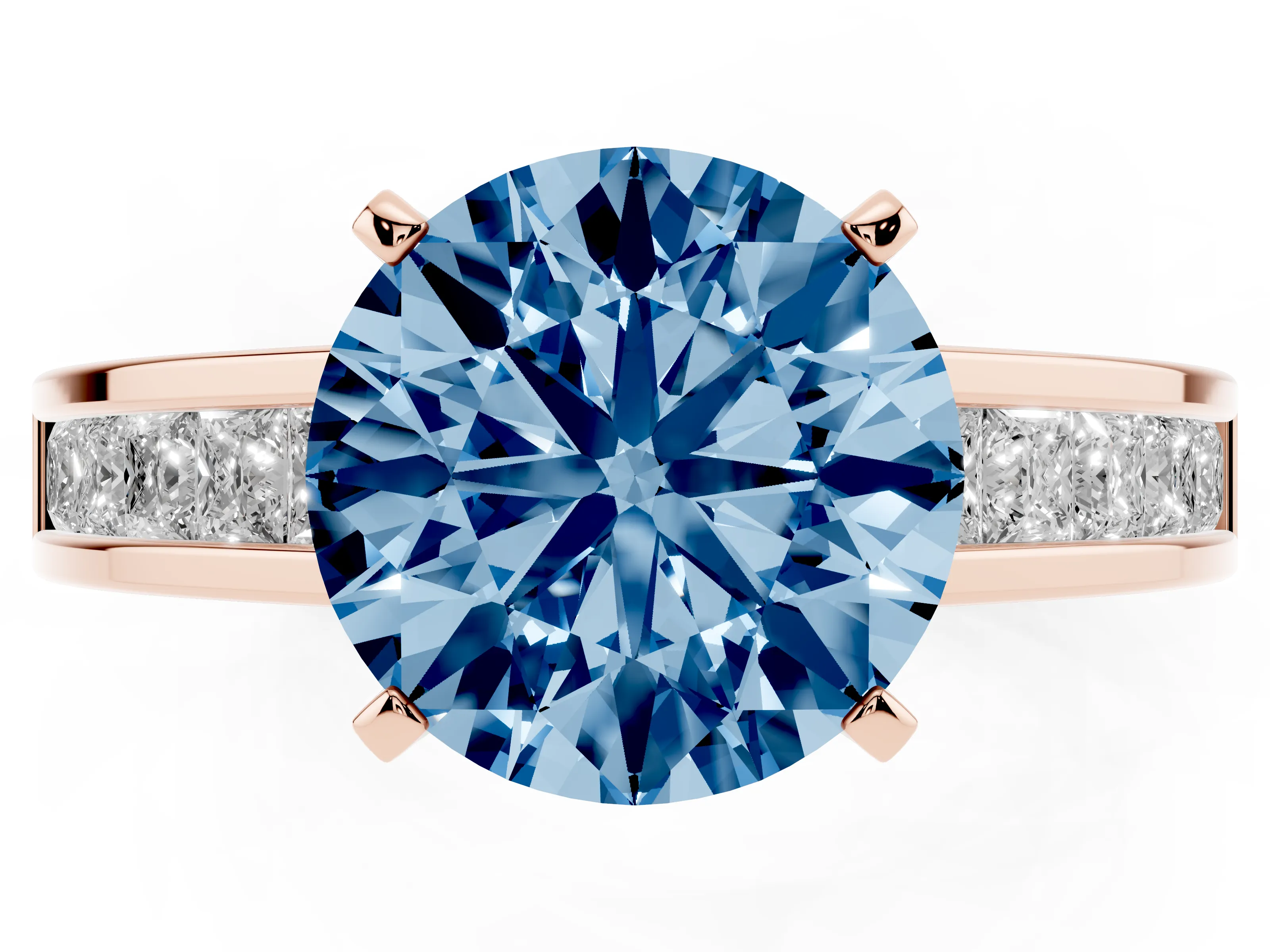 Fancy Blue Round Cut Diamond Solitaire Ring Set in Rose gold with Channel-Set Band and Prong Setting