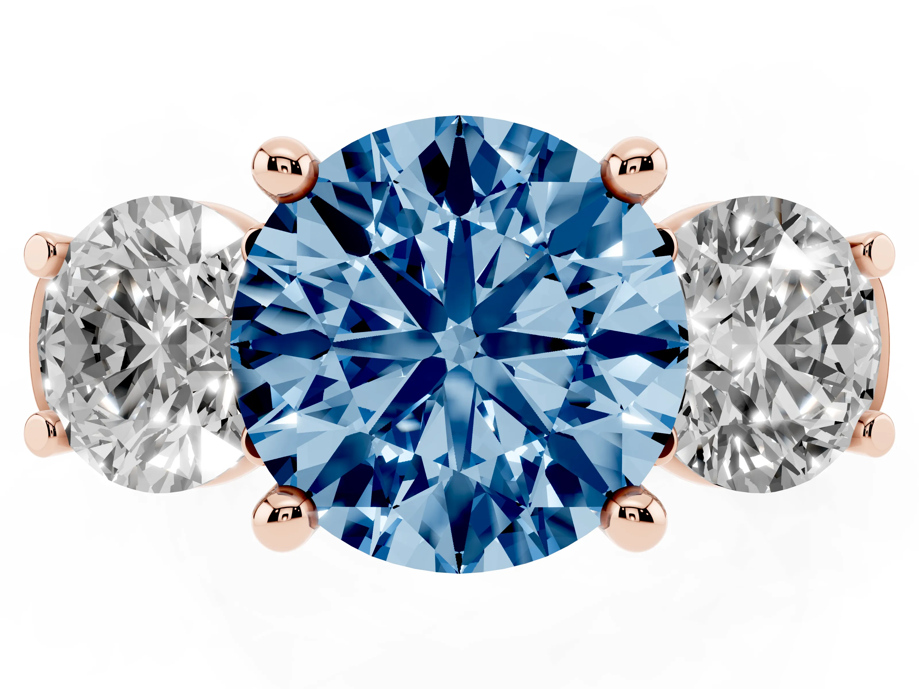 Fancy Blue Round Cut Diamond Three-Stone Trellis Ring Set in Rose gold with Comfort Fit Band