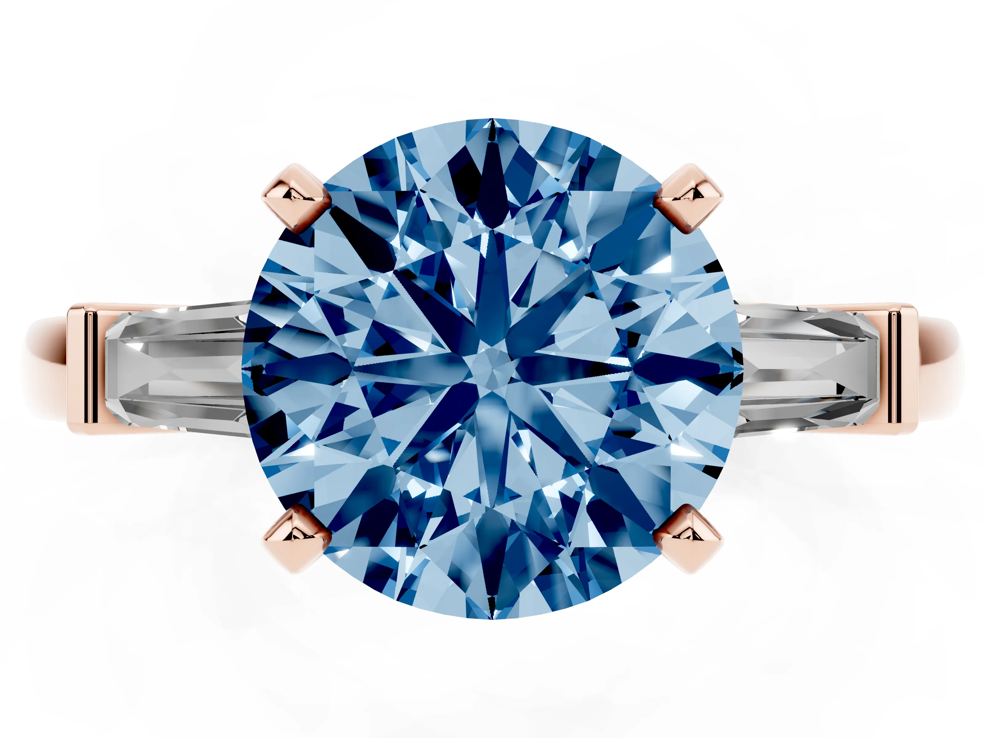 Fancy Blue Round Cut Diamond Solitaire Ring Set in Rose gold with Tapered Baguette Accents and Prong Setting