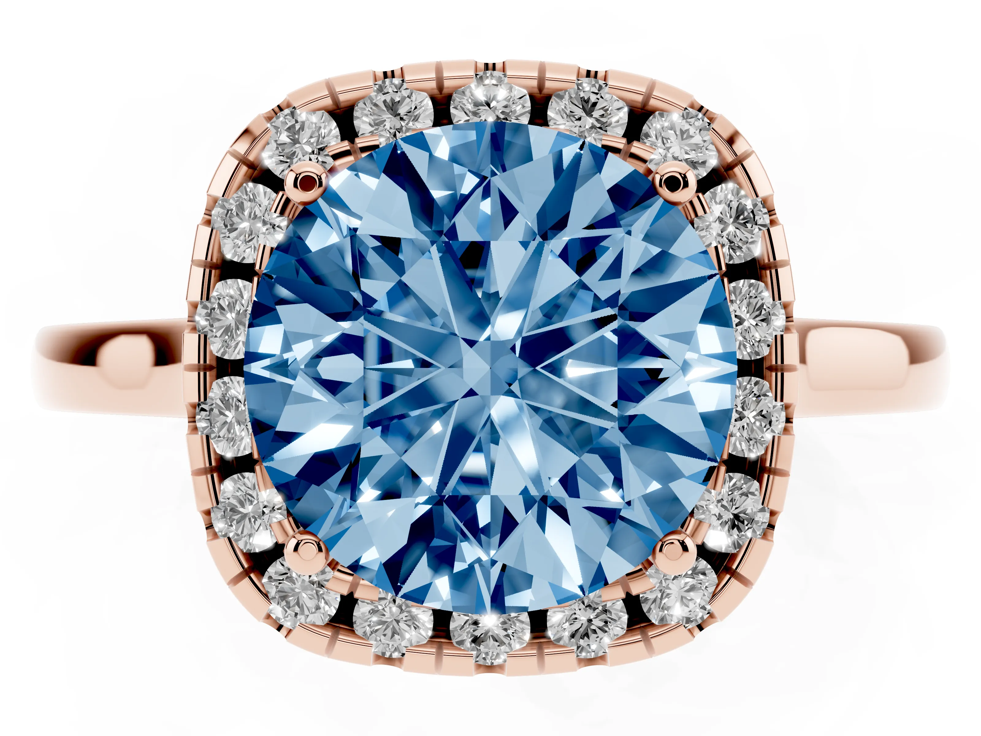 Fancy Blue Round Cut Halo Round Diamond Solitaire Ring Set in Rose gold with Pavé Band and Prong Setting
