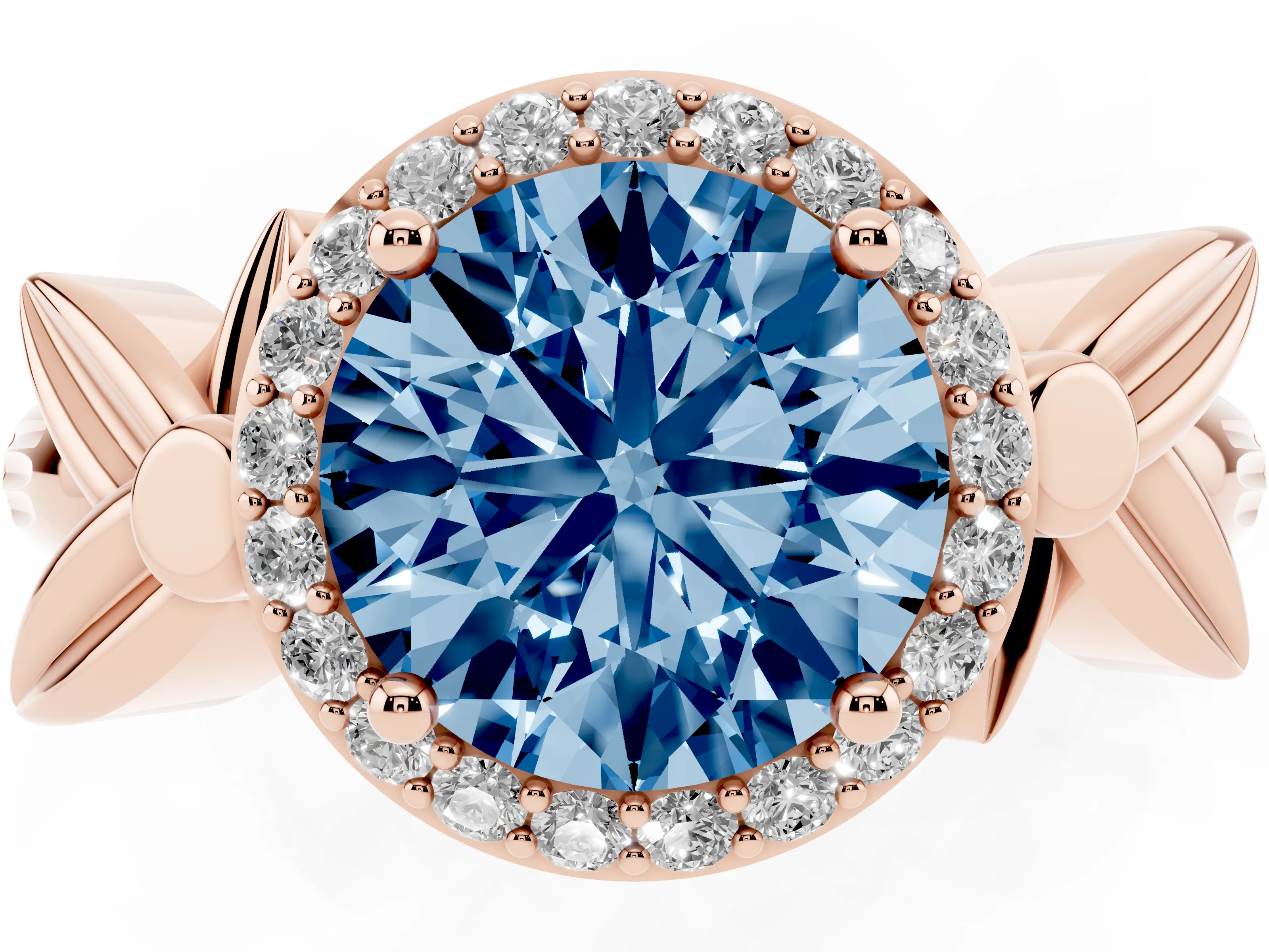 Fancy Blue Round Cut Diamond Halo Floral Band Ring Set in Rose gold with Prong Setting
