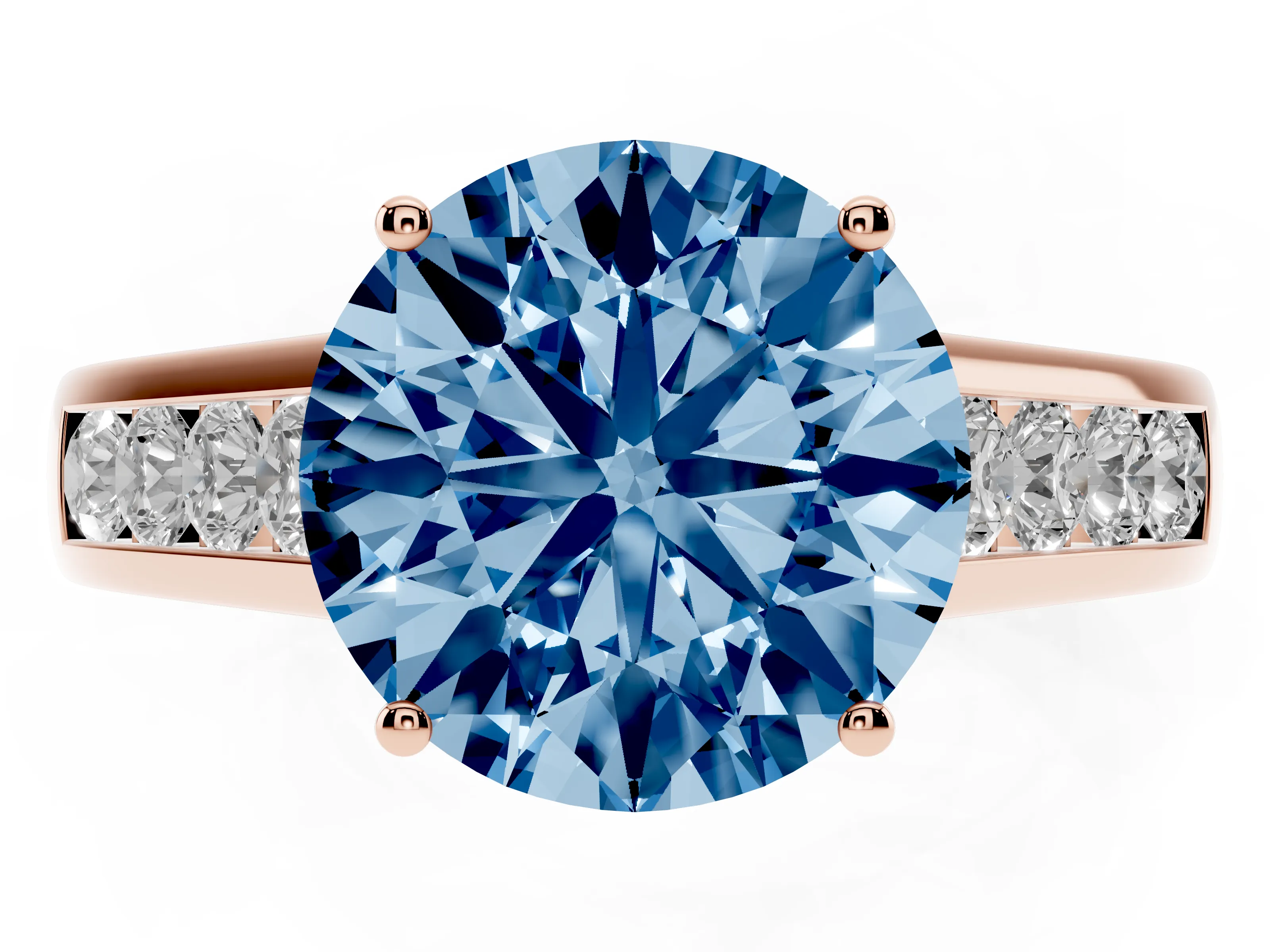 Fancy Blue Round Cut Diamond Solitaire Channel-Set Engagement Ring Set in Rose gold with Prong Setting