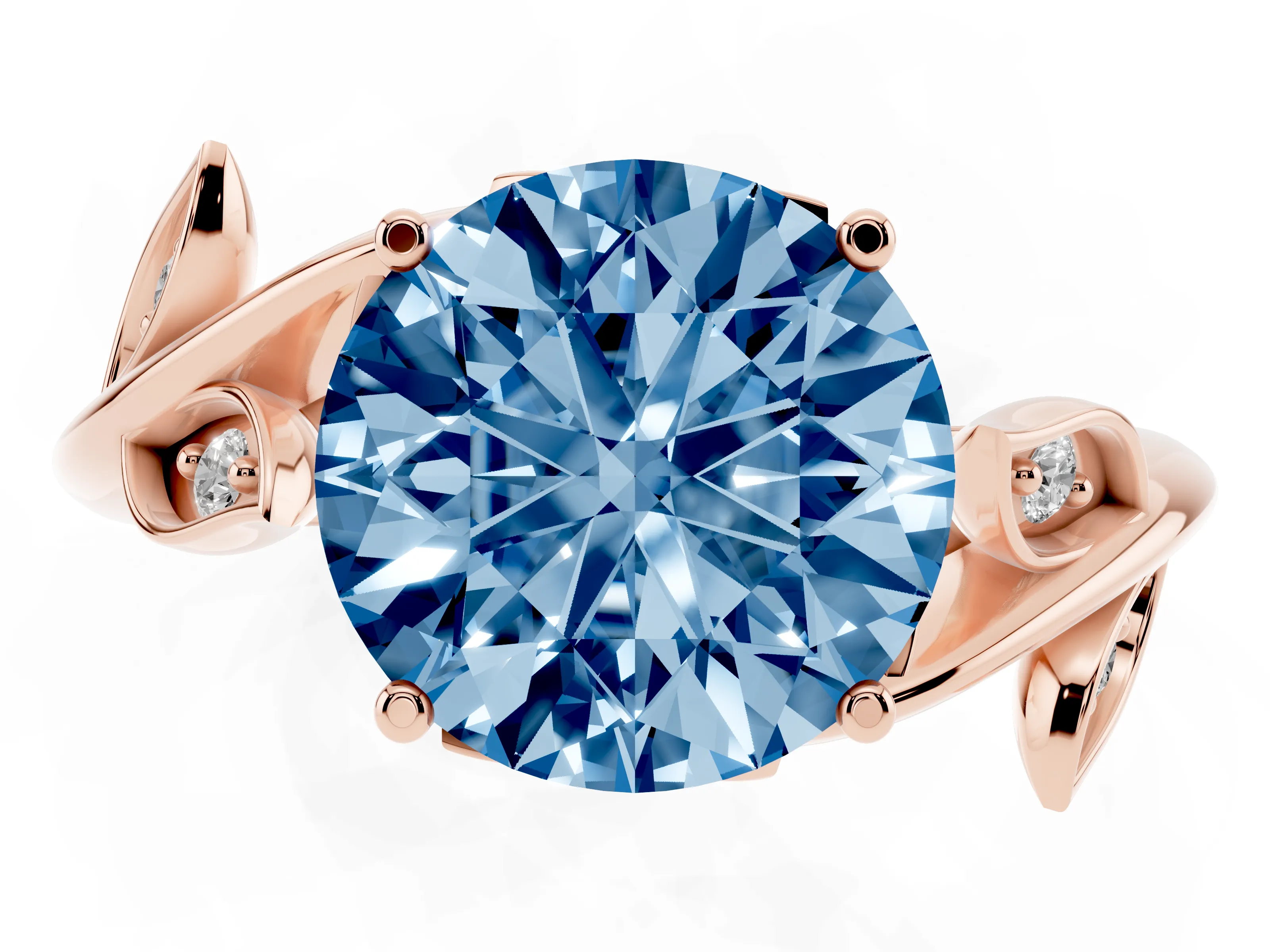 Fancy Blue Round Cut Diamond Solitaire Twist Engagement Ring Set in Rose gold with Pavé Leaf Accents