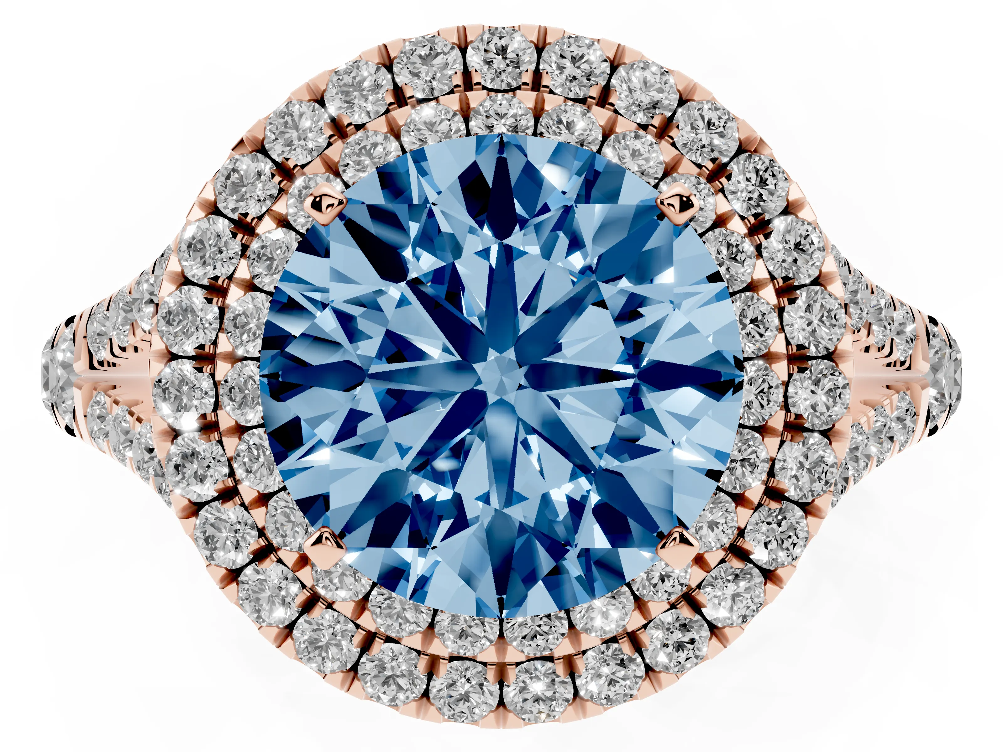 Fancy Blue Round Cut Diamond Pavé Split Shank Double Halo Engagement Ring Set in Rose gold