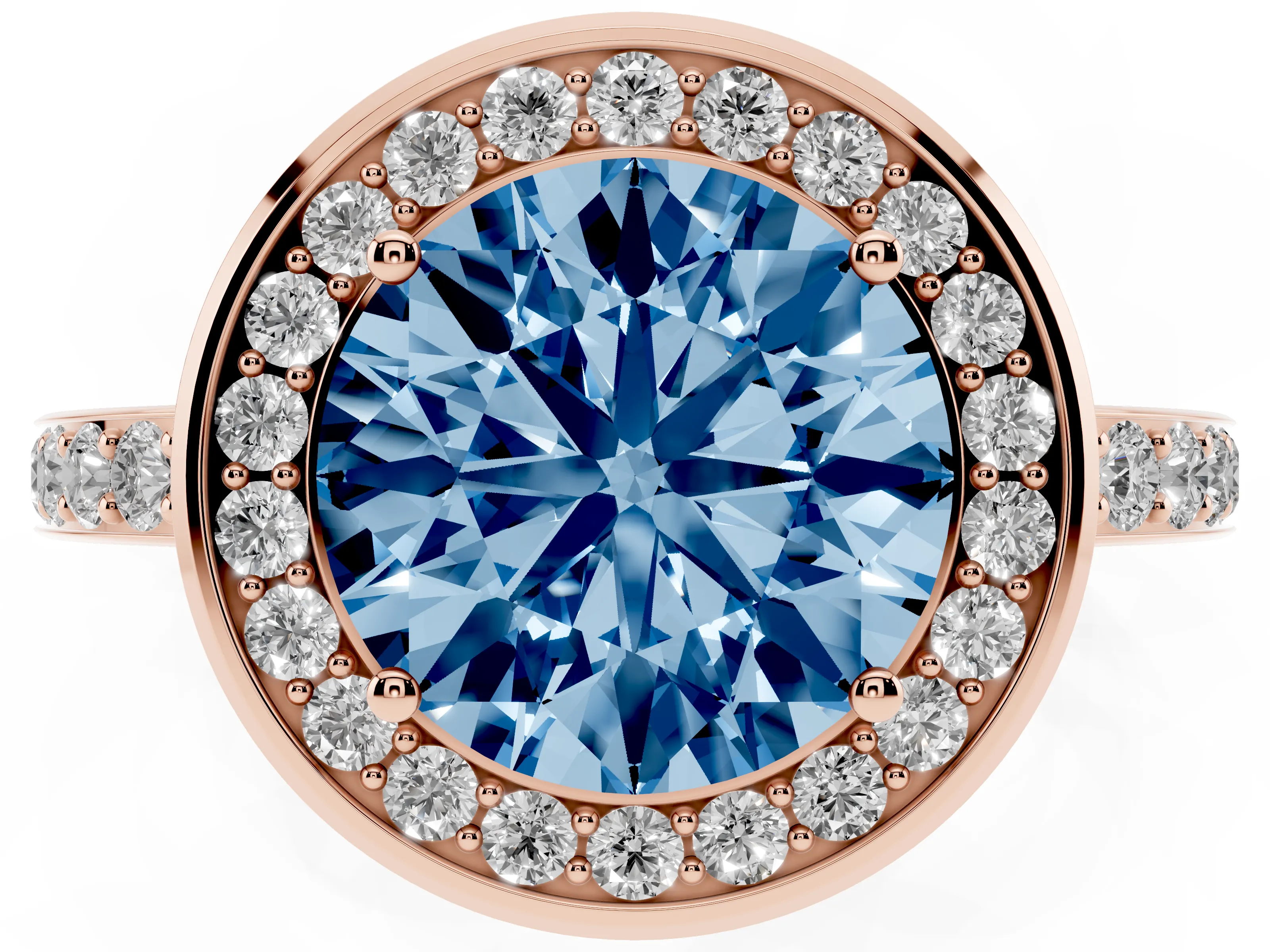 Fancy Blue Round Cut Diamond Halo Ring Set in Rose gold with Bezel Frame and Pavé Band