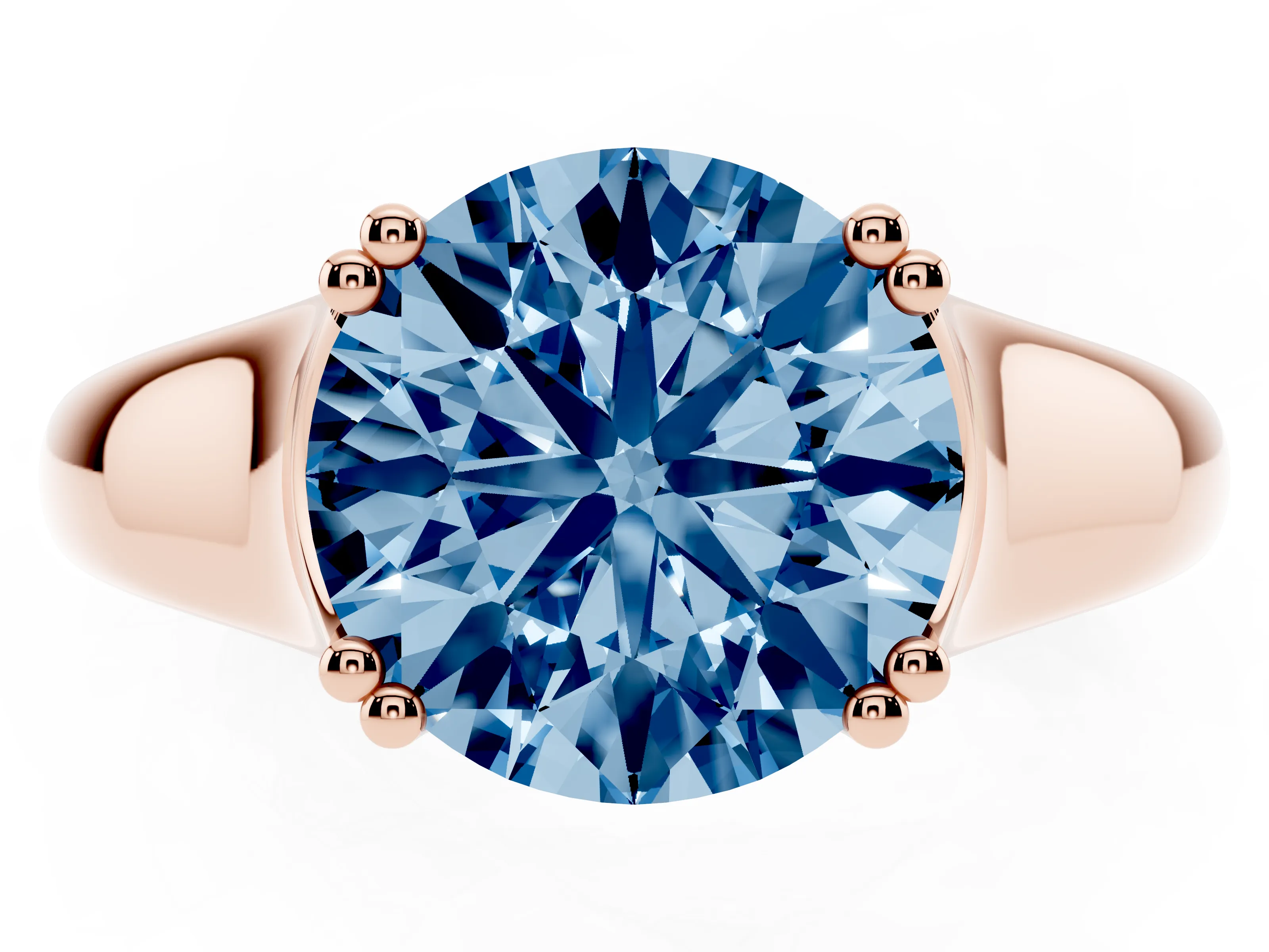 Fancy Blue Round Cut Diamond Solitaire Ring Set in Rose gold with Wide Band and Prong Setting