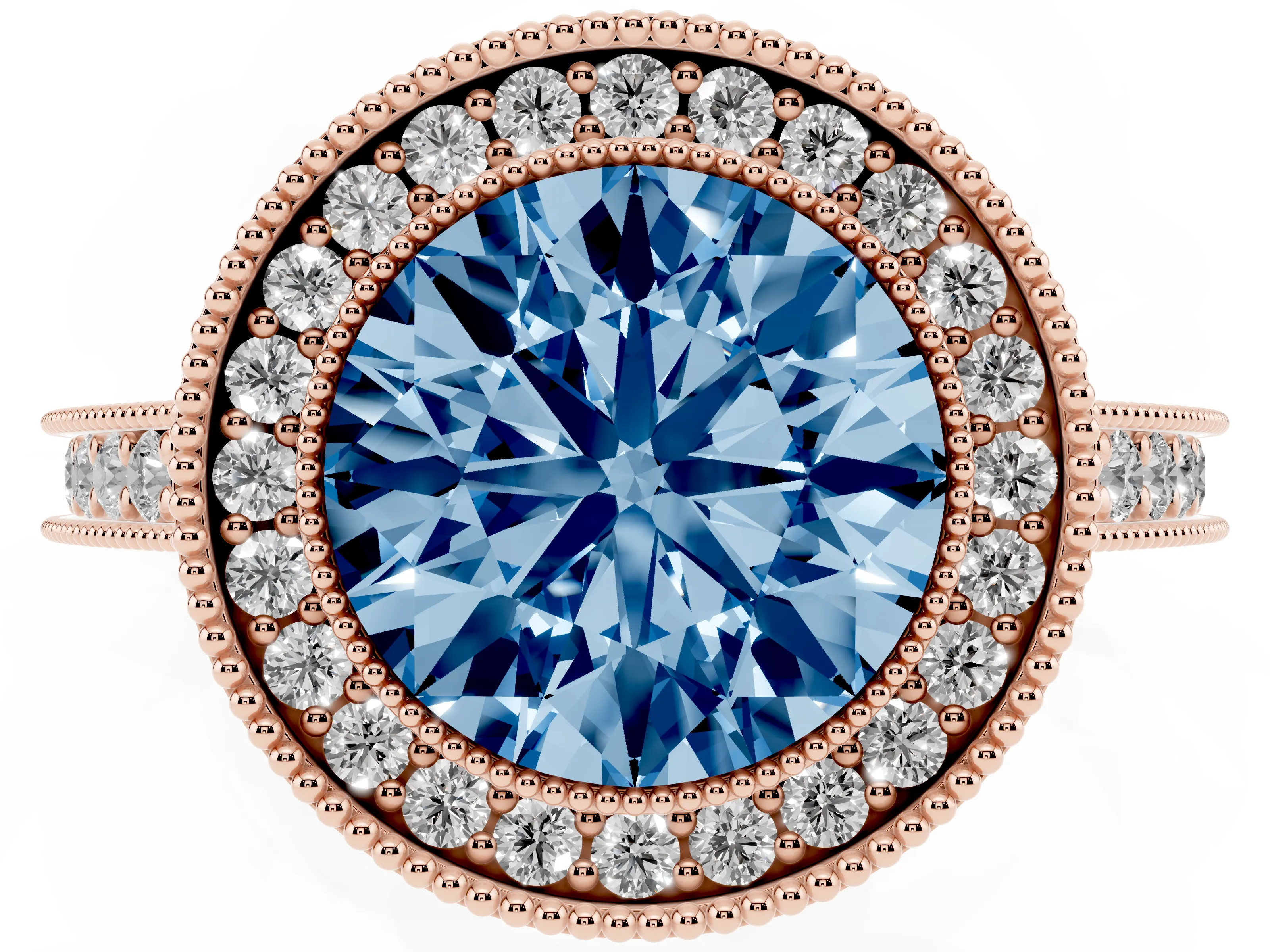 Fancy Blue Round Cut Diamond Halo Milgrain Pavé Band Ring Set in Rose gold with Prong Setting