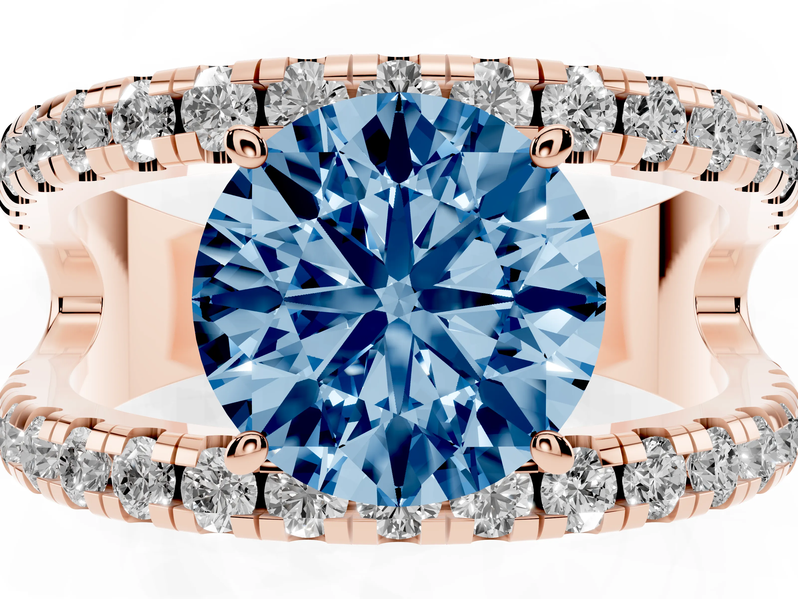 Fancy Blue Round Cut Diamond Split Shank Pavé Solitaire Ring Set in Rose gold with Open Shank Design