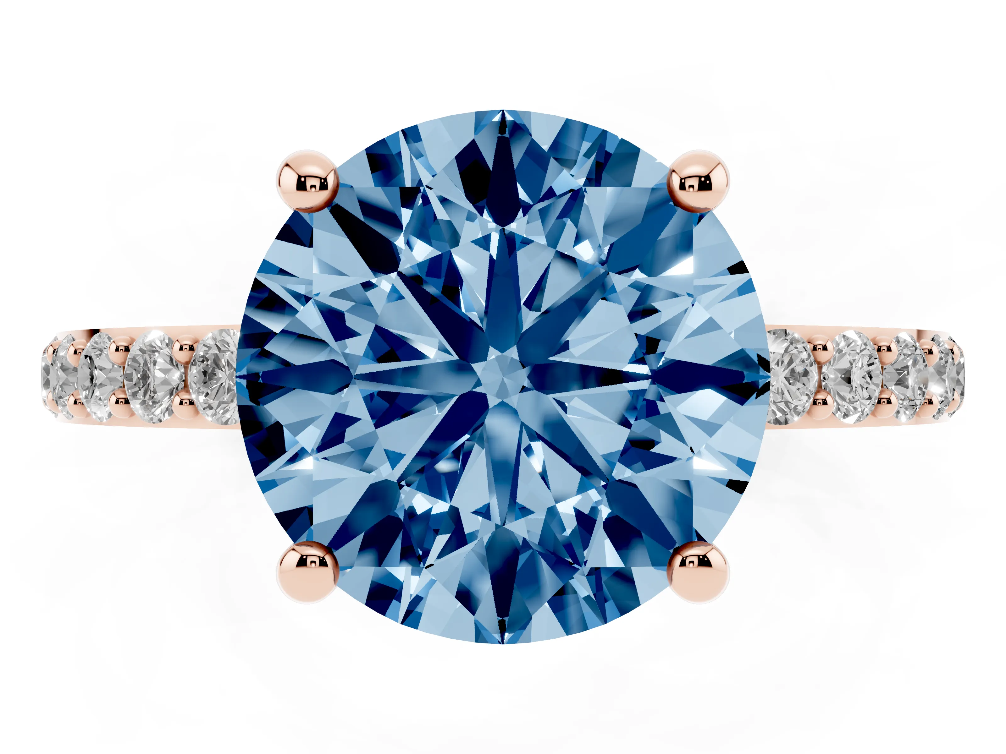 Fancy Blue Round Cut Diamond Solitaire Ring Set in Rose gold with Round Pavé Band and Prong Setting