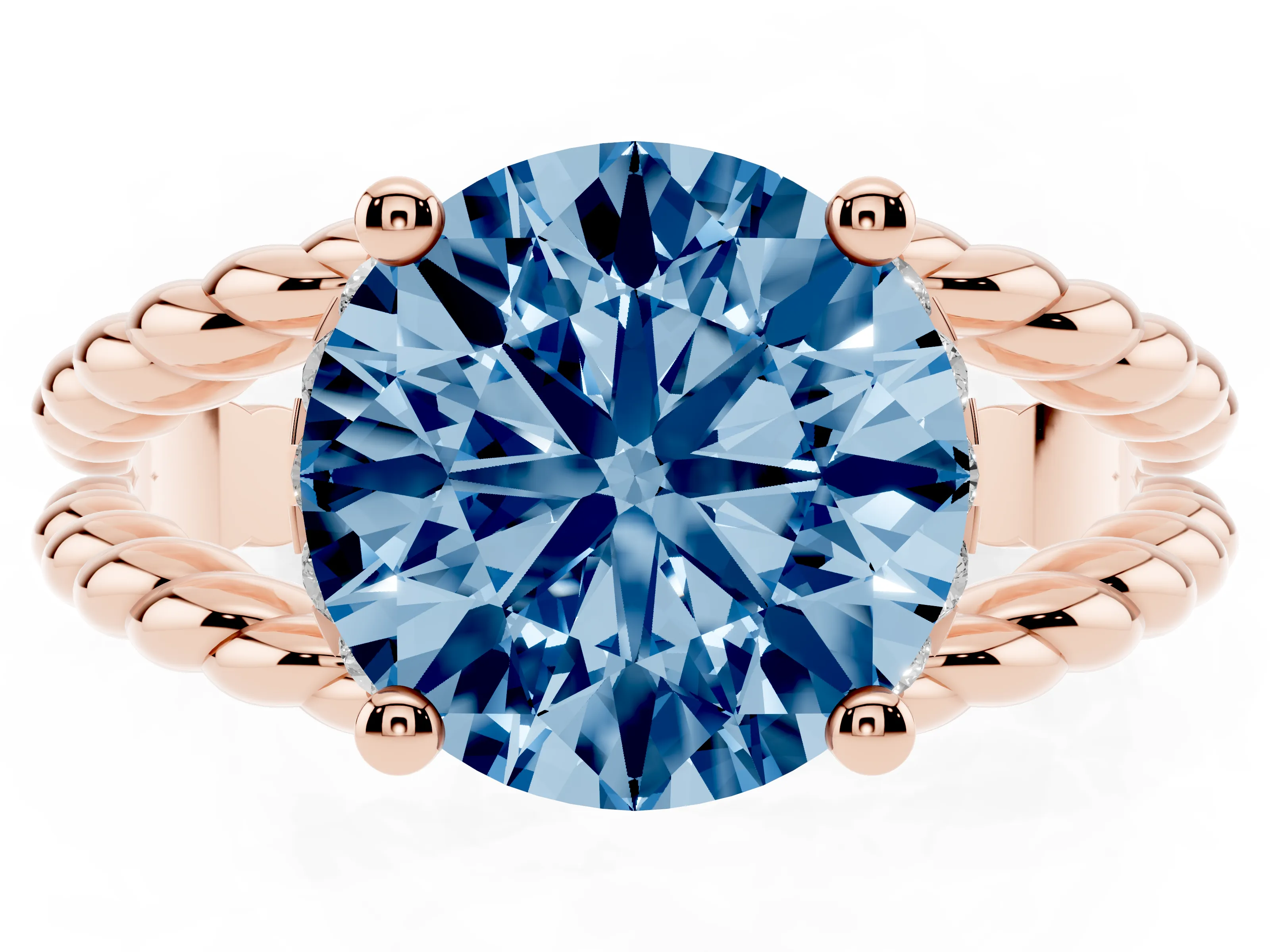 Fancy Blue Round Cut Diamond Halo Ring Set in Rose gold with Twisted Band and Prong Setting