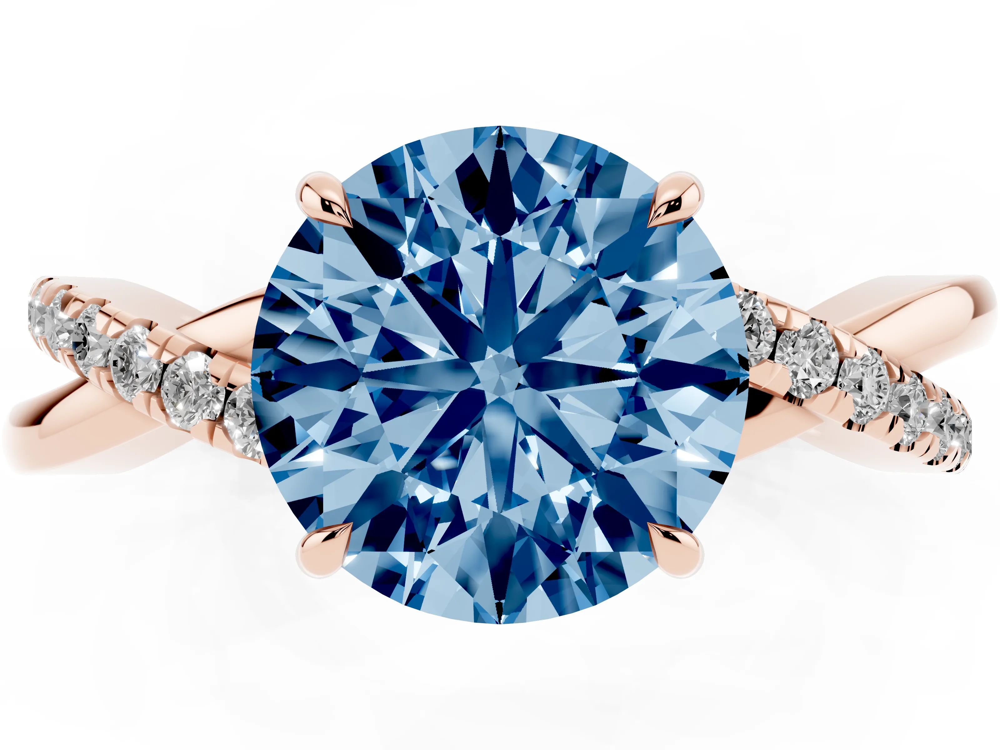 Fancy Blue Round Cut Diamond Twisted Pavé Band Ring Set in Rose gold with Prong Setting