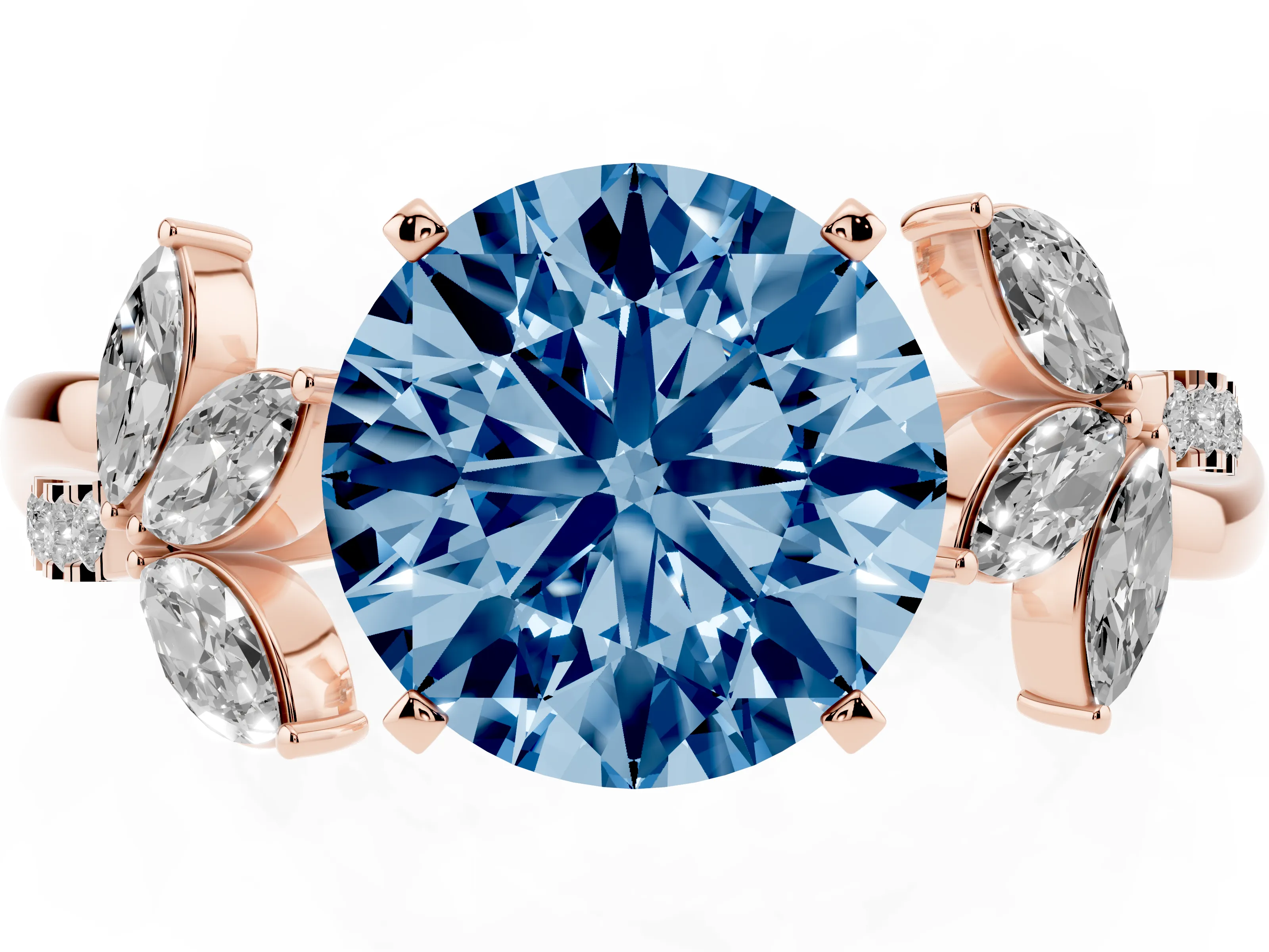 Fancy Blue Round Cut Diamond Floral Vine Solitaire Engagement Ring Set in Rose gold with Marquise Leaves