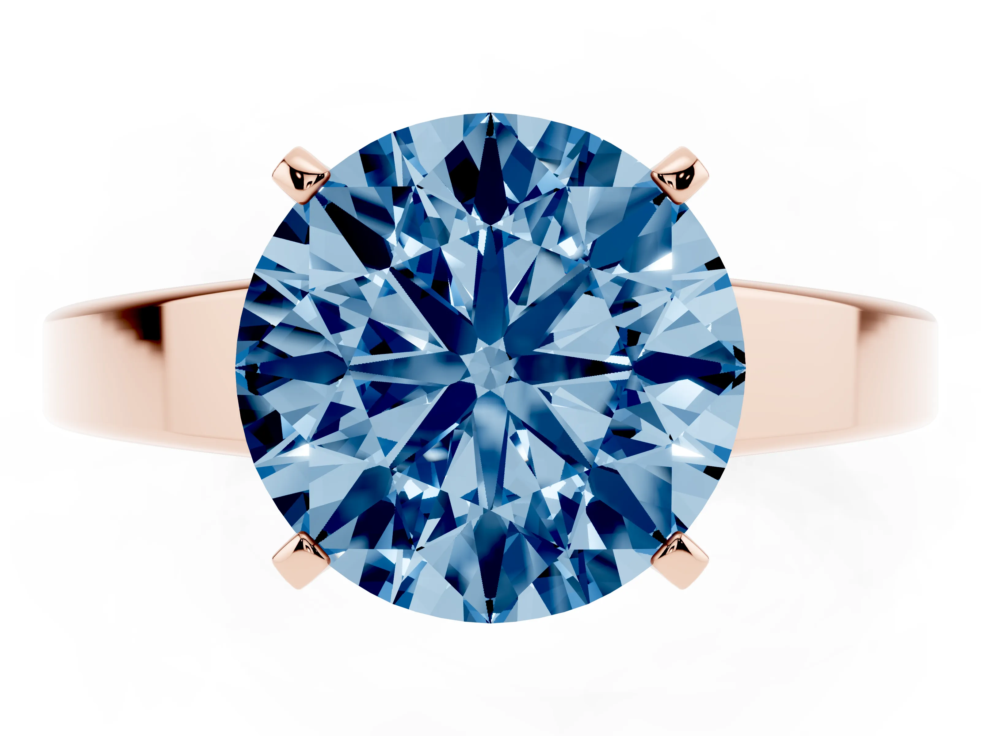 Fancy Blue Round Cut Diamond Solitaire Engagement Ring Set in Rose gold with Prong Setting and Tapered Band