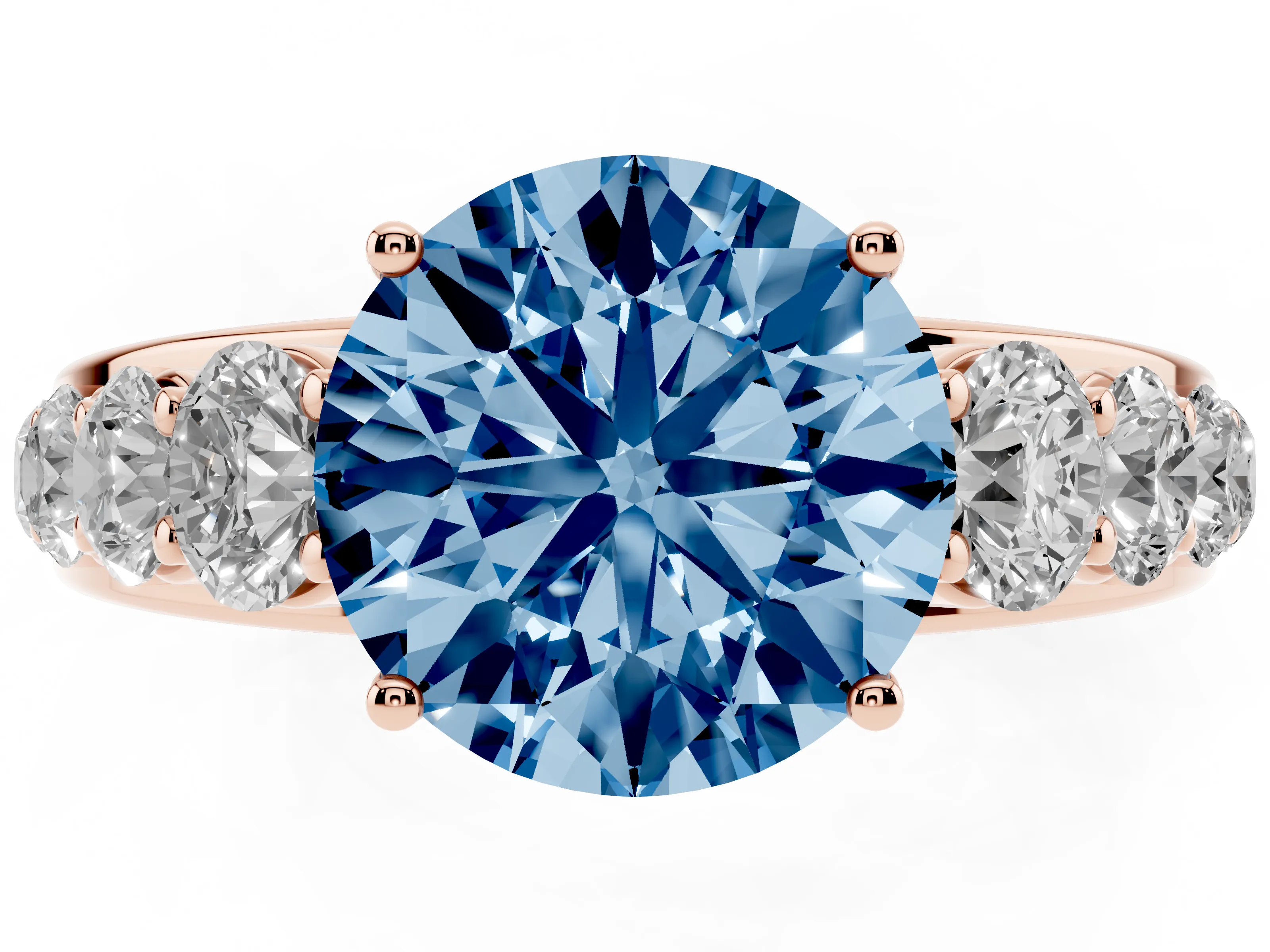 Fancy Blue Round Cut Diamond Solitaire Ring Set in Rose gold with Pavé-Set Band and Prong Setting