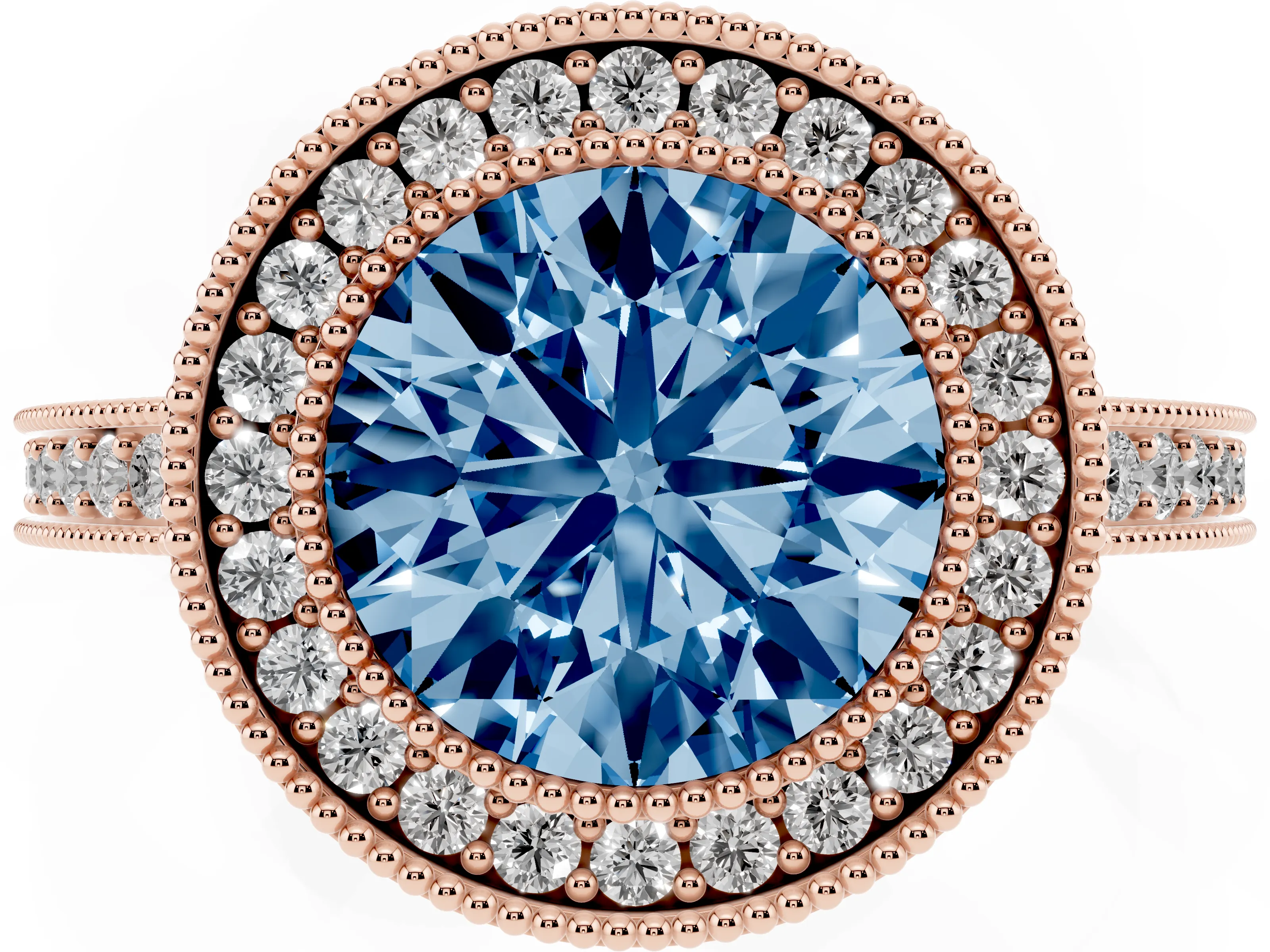 Fancy Blue Round Cut Diamond Round Halo Ring Set in Rose gold with Pavé Band