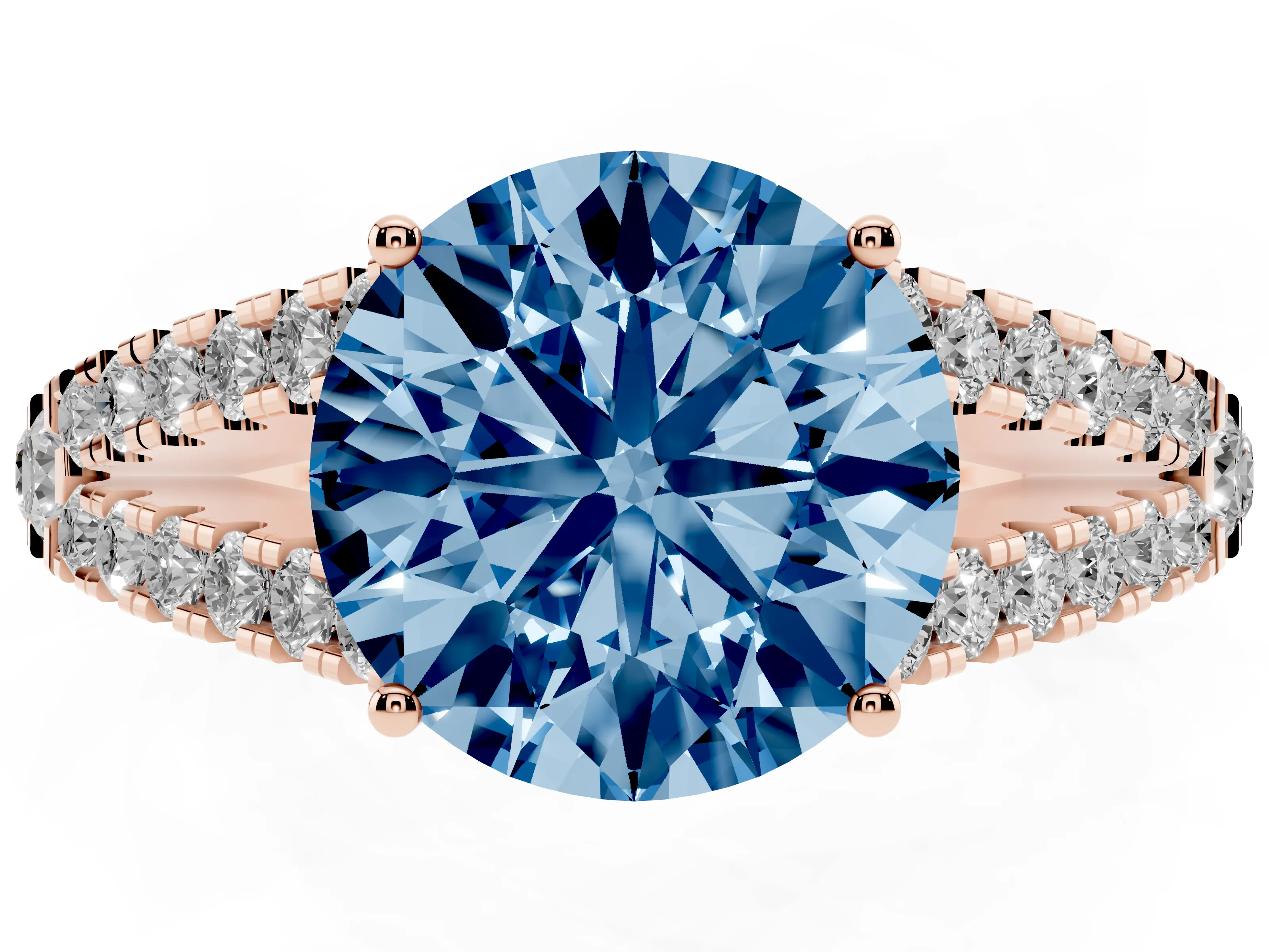Fancy Blue Round Cut Diamond Split Shank Pavé Engagement Ring Set in Rose gold with Prong-Held Center Stone