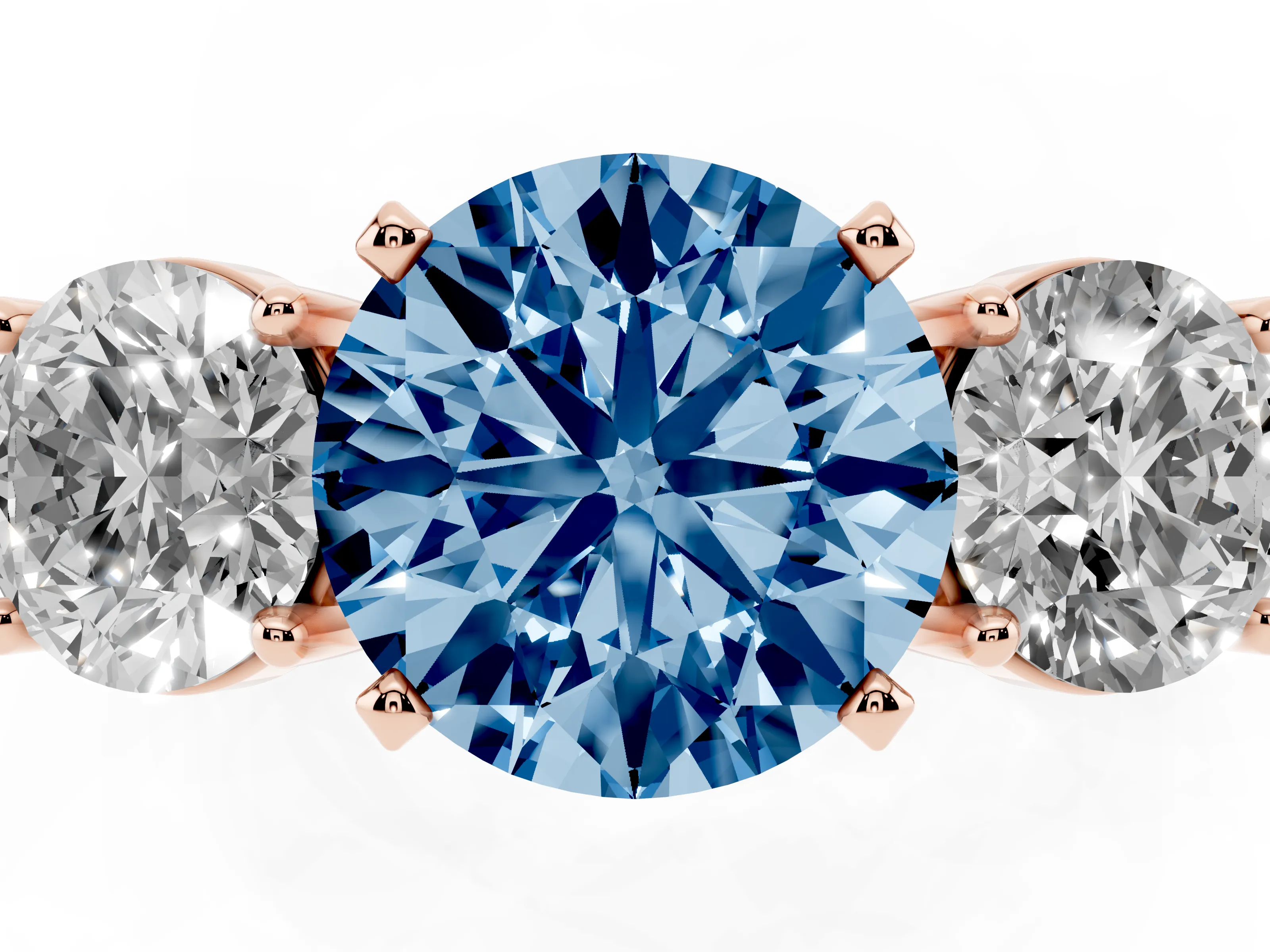 Fancy Blue Round Cut Diamond Three-Stone Ring Set in Rose gold with Round Side Stones and Classic Band