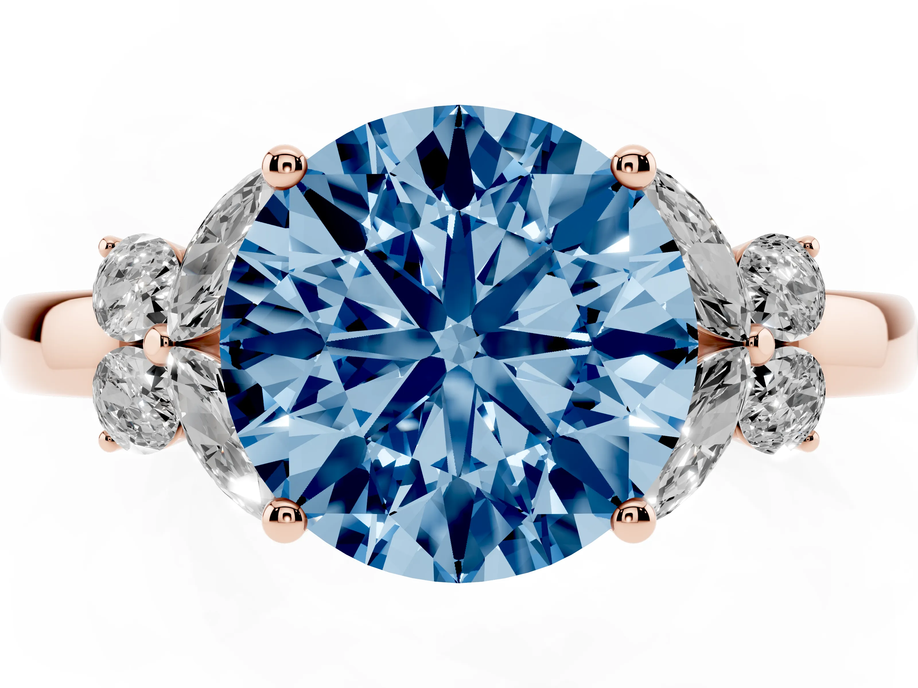 Fancy Blue Round Cut Diamond Solitaire Floral Ring Set in Rose gold with Marquise Petals and Prong Setting