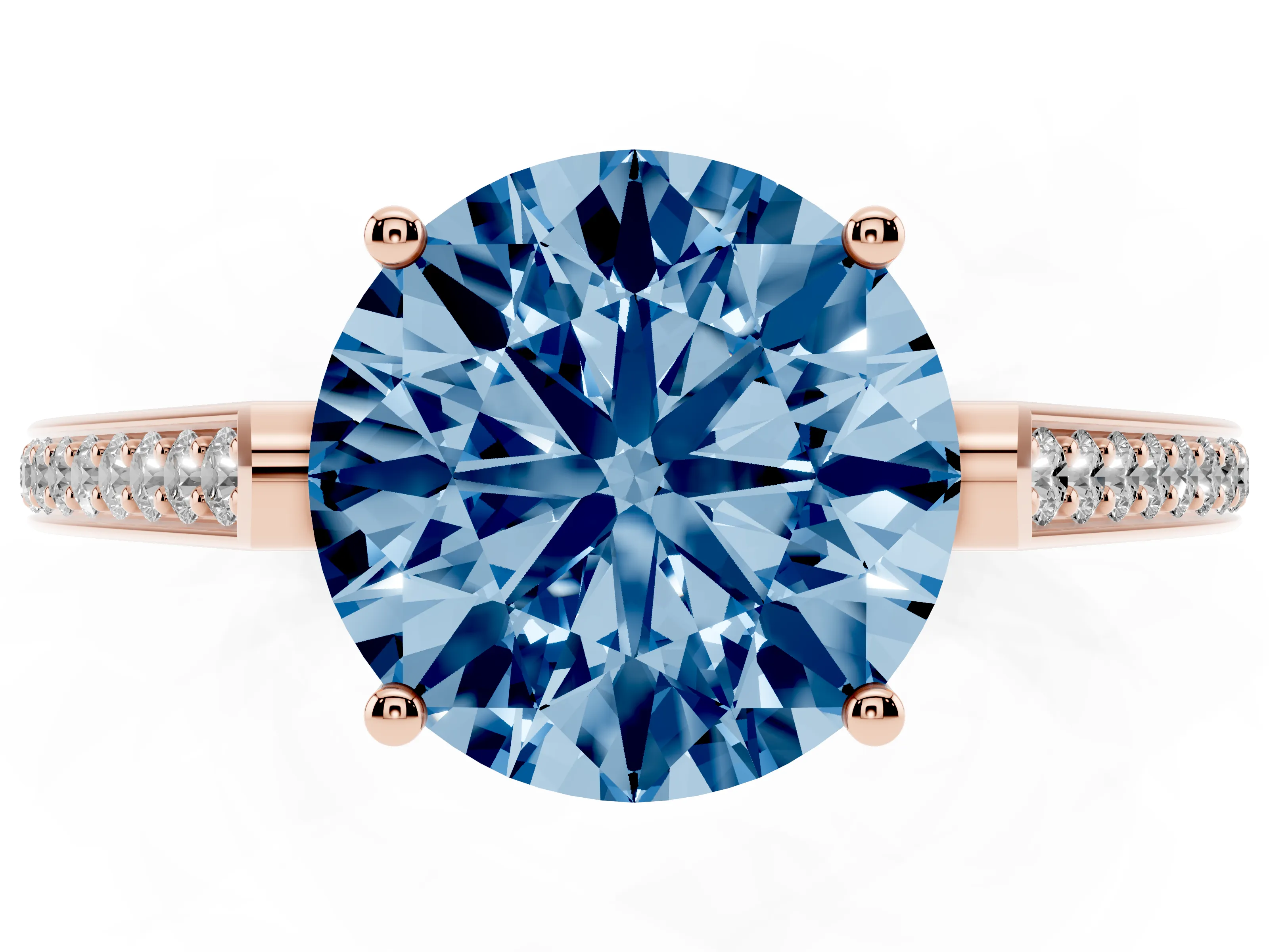 Fancy Blue Round Cut Diamond Cathedral Pavé Engagement Ring Set in Rose gold with Prong Setting