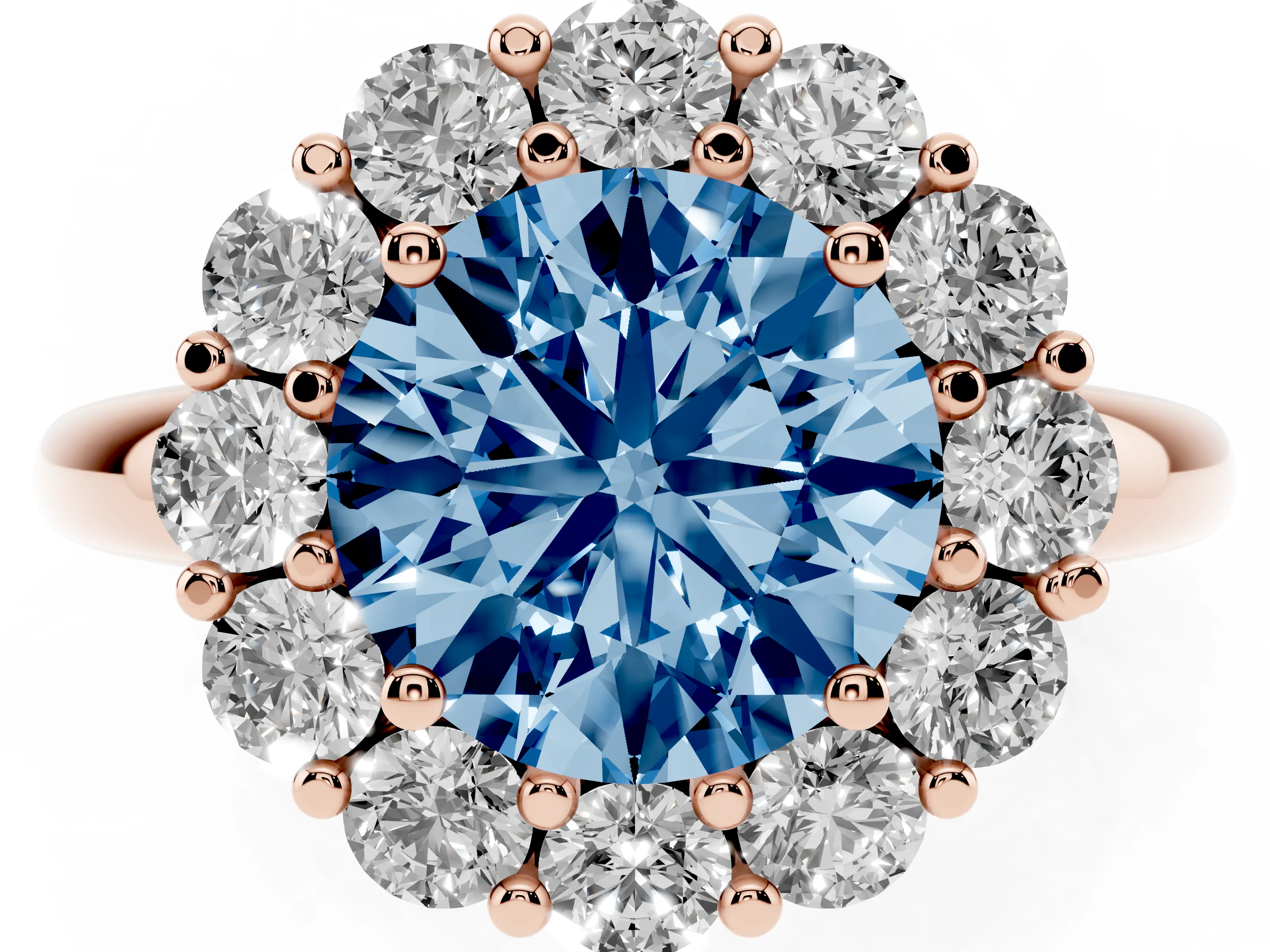 Fancy Blue Round Cut Diamond Halo Cluster Engagement Ring Set in Rose gold with Polished Band and Prong Setting