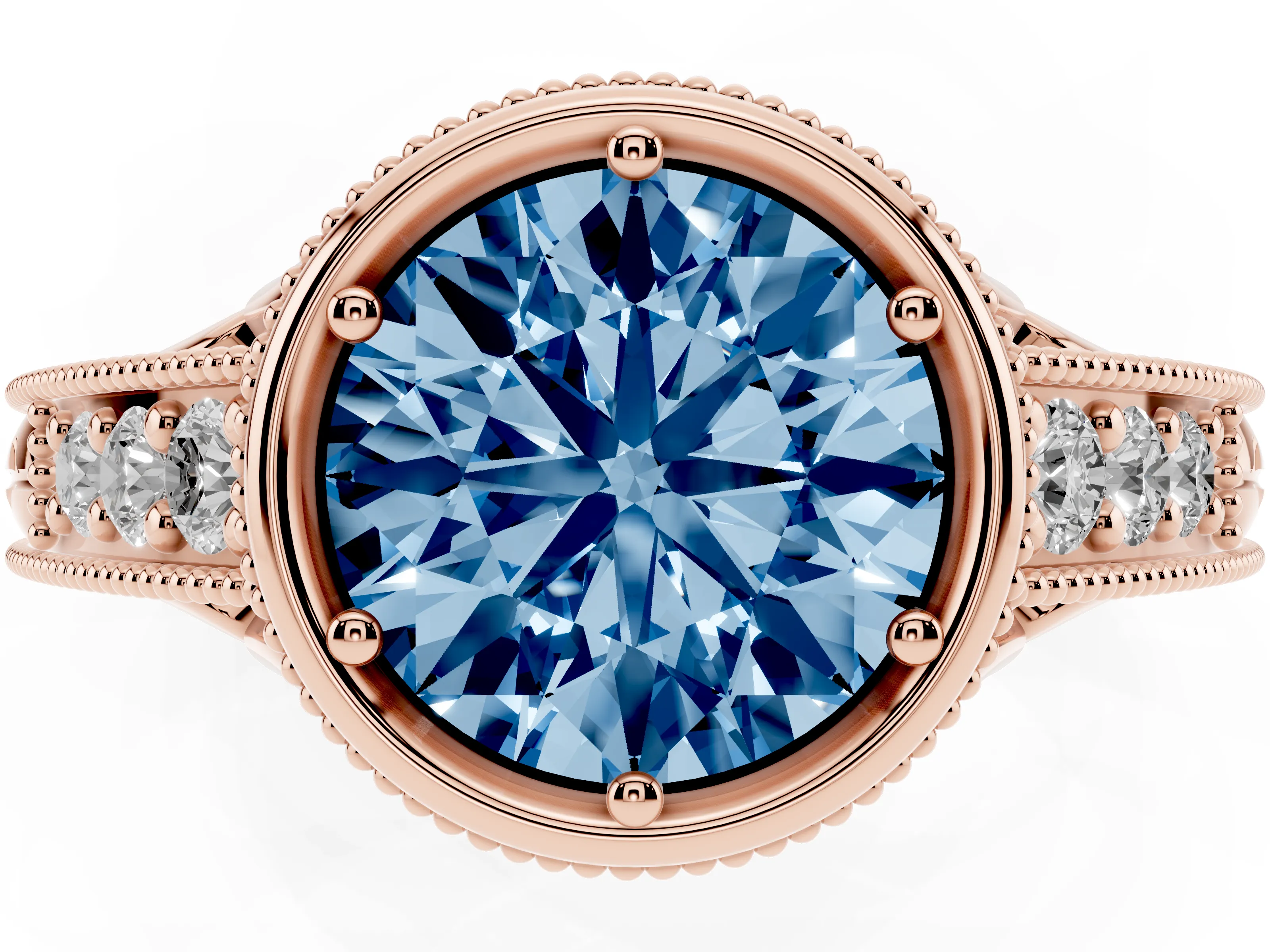 Fancy Blue Bezel Set Round Cut Diamond Milgrain Pavé Engagement Ring Set in Rose gold