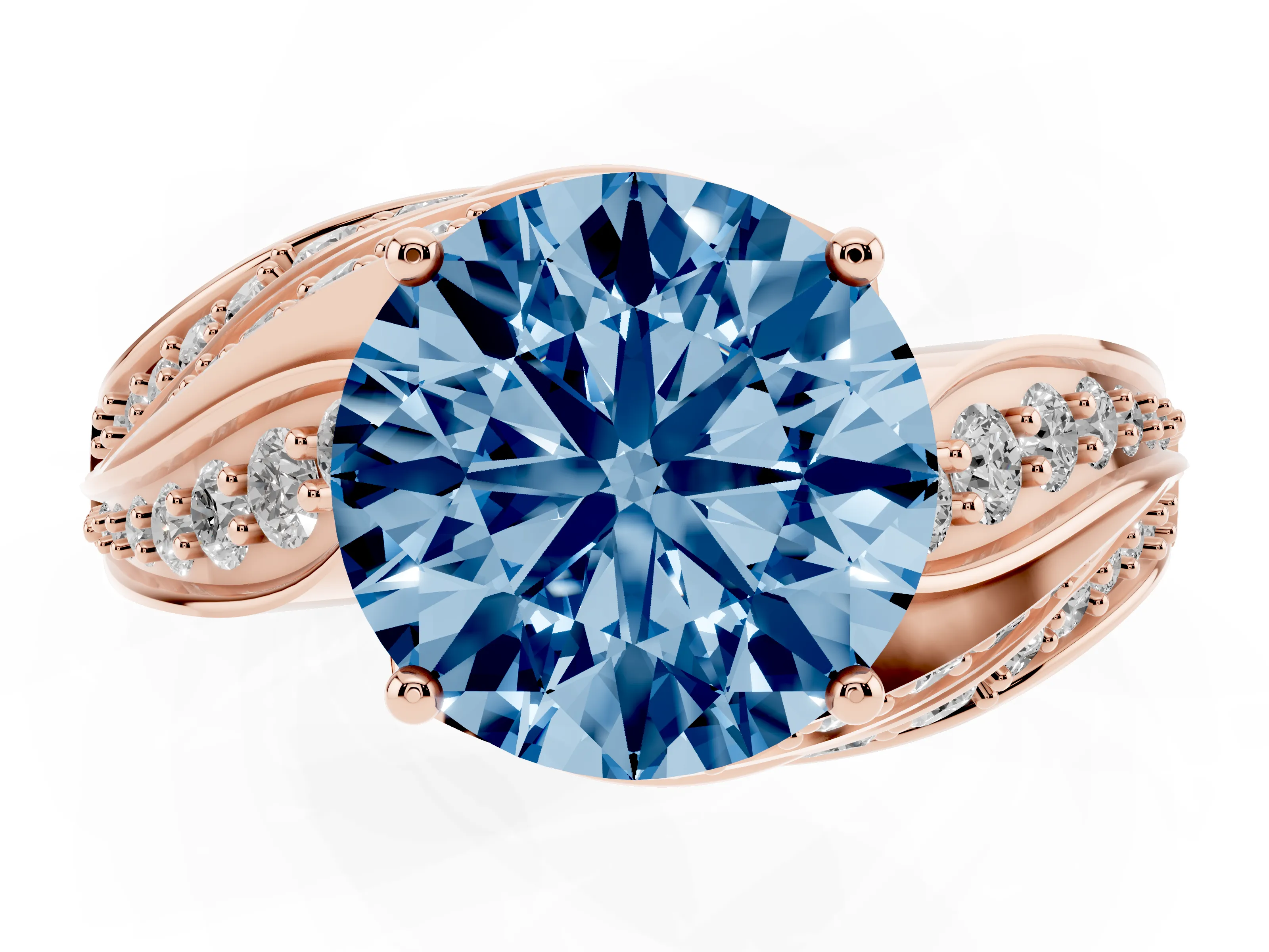 Fancy Blue Round Cut Diamond Solitaire Ring Set in Rose gold with Layered Twist Pavé Band