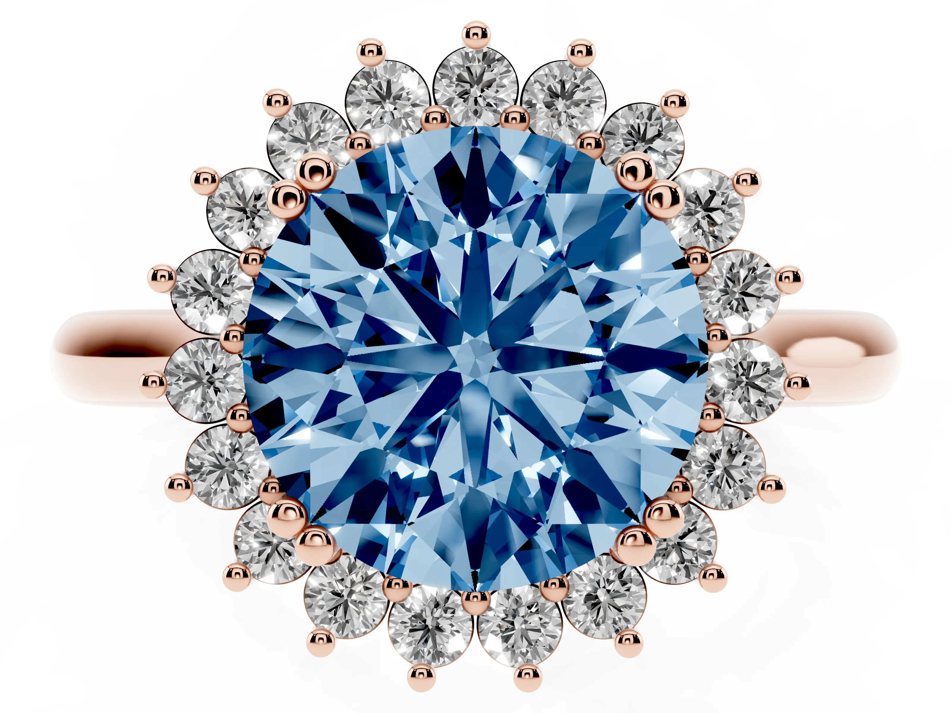 Fancy Blue Round Cut Diamond Halo Ring Set in Rose gold with Plain Solitaire Band and Prong Setting