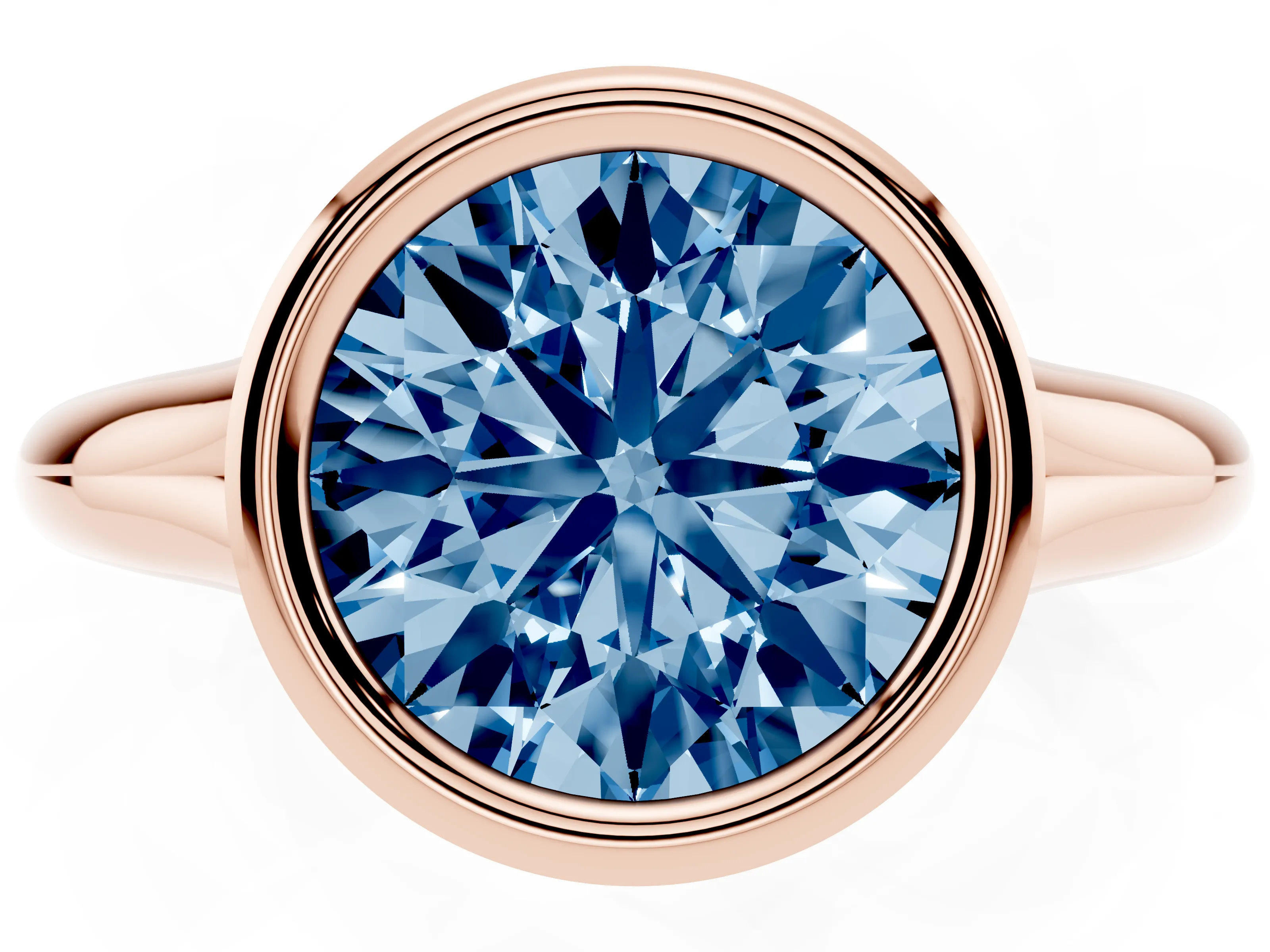 Fancy Blue Bezel Set Round Cut Diamond Solitaire Ring Set in Rose gold with Smooth Band