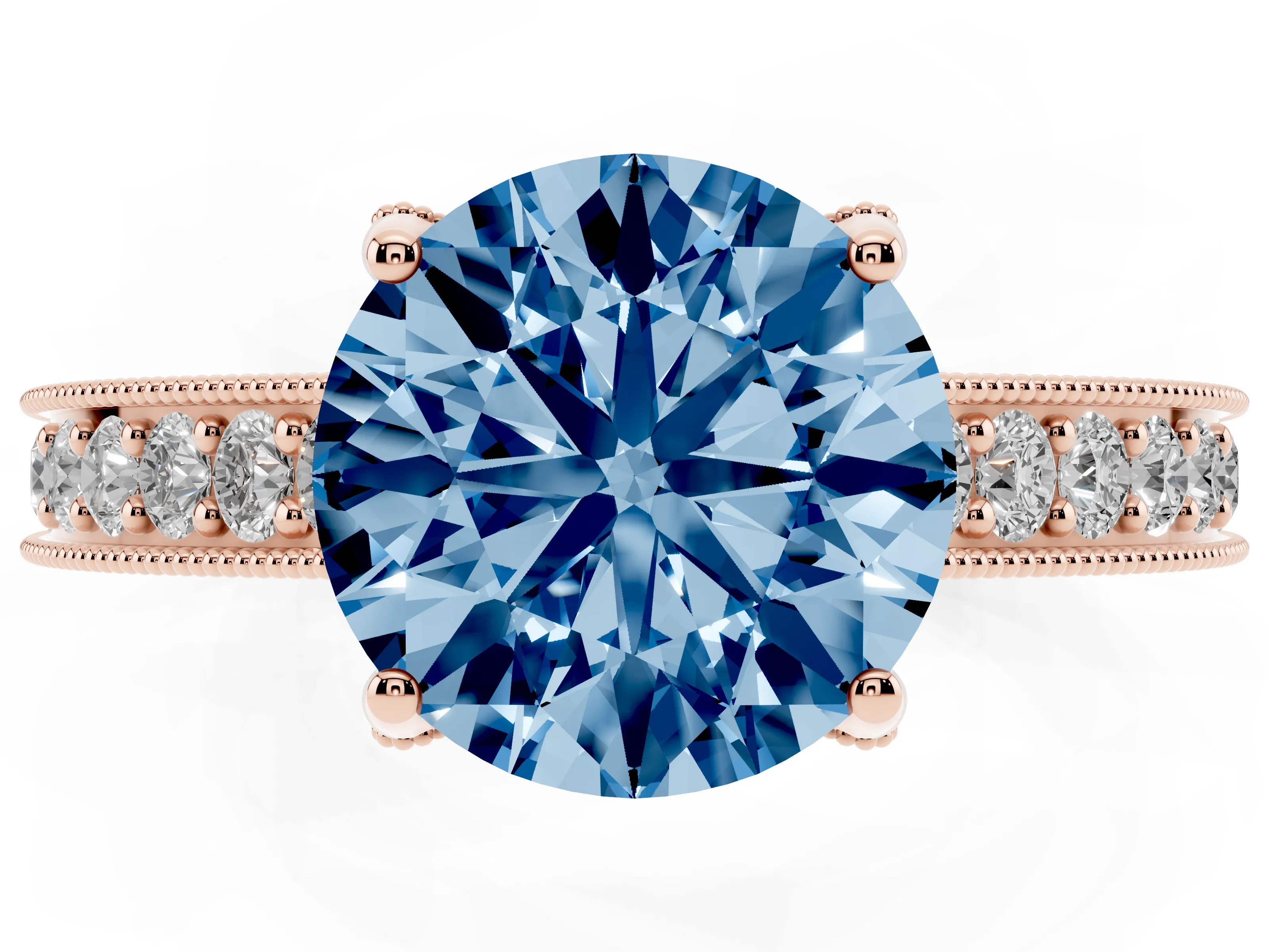 Fancy Blue Round Cut Diamond Solitaire Ring Set in Rose gold with Milgrain-Edged Pavé Band and Prong Setting
