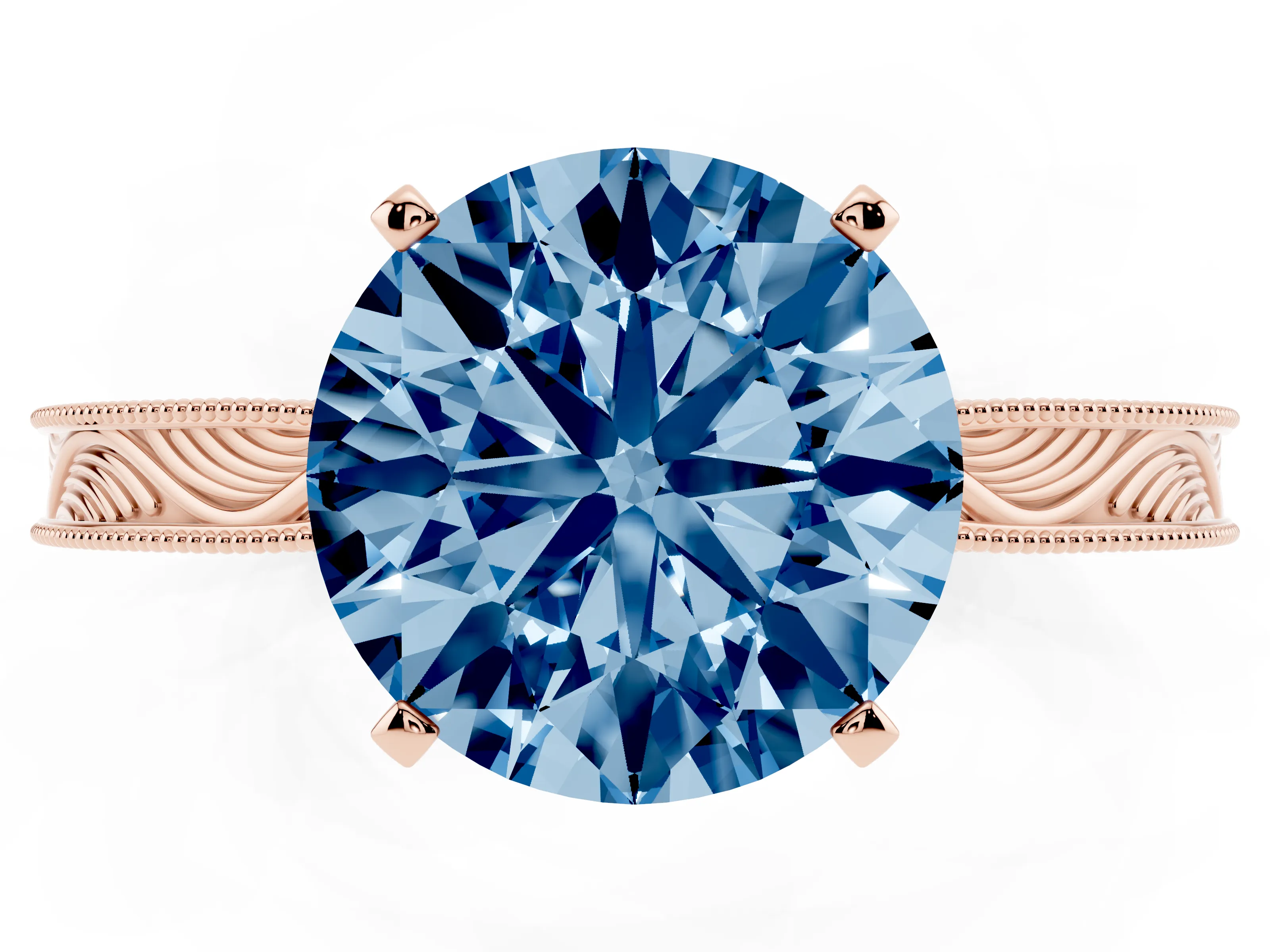 Fancy Blue Round Cut Diamond Solitaire Milgrain Engraved Band Set in Rose gold with Prong Setting