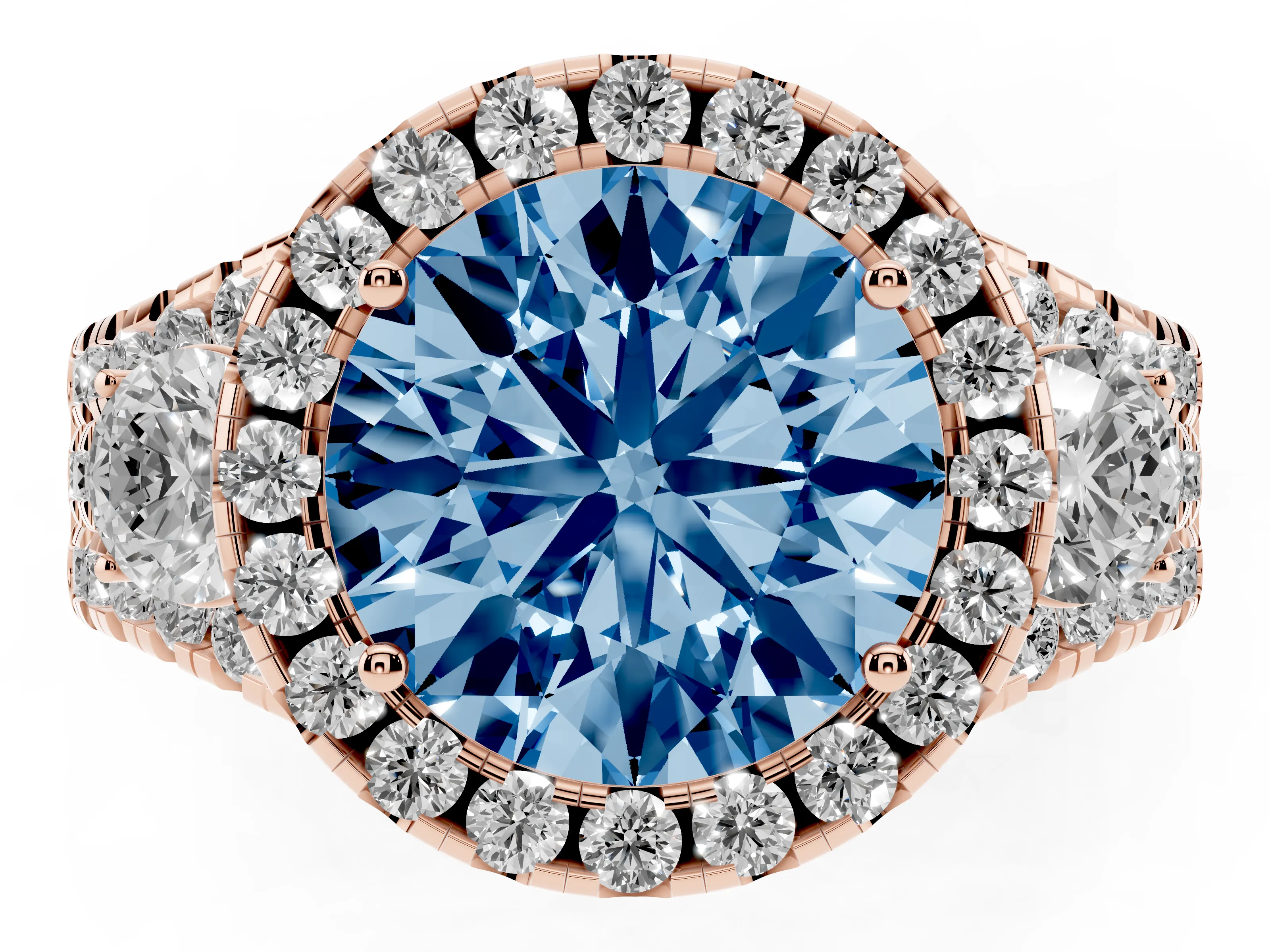 Fancy Blue Round Cut Diamond Halo Split Shank Ring Set in Rose gold with Round Accent Stones and Prong Setting