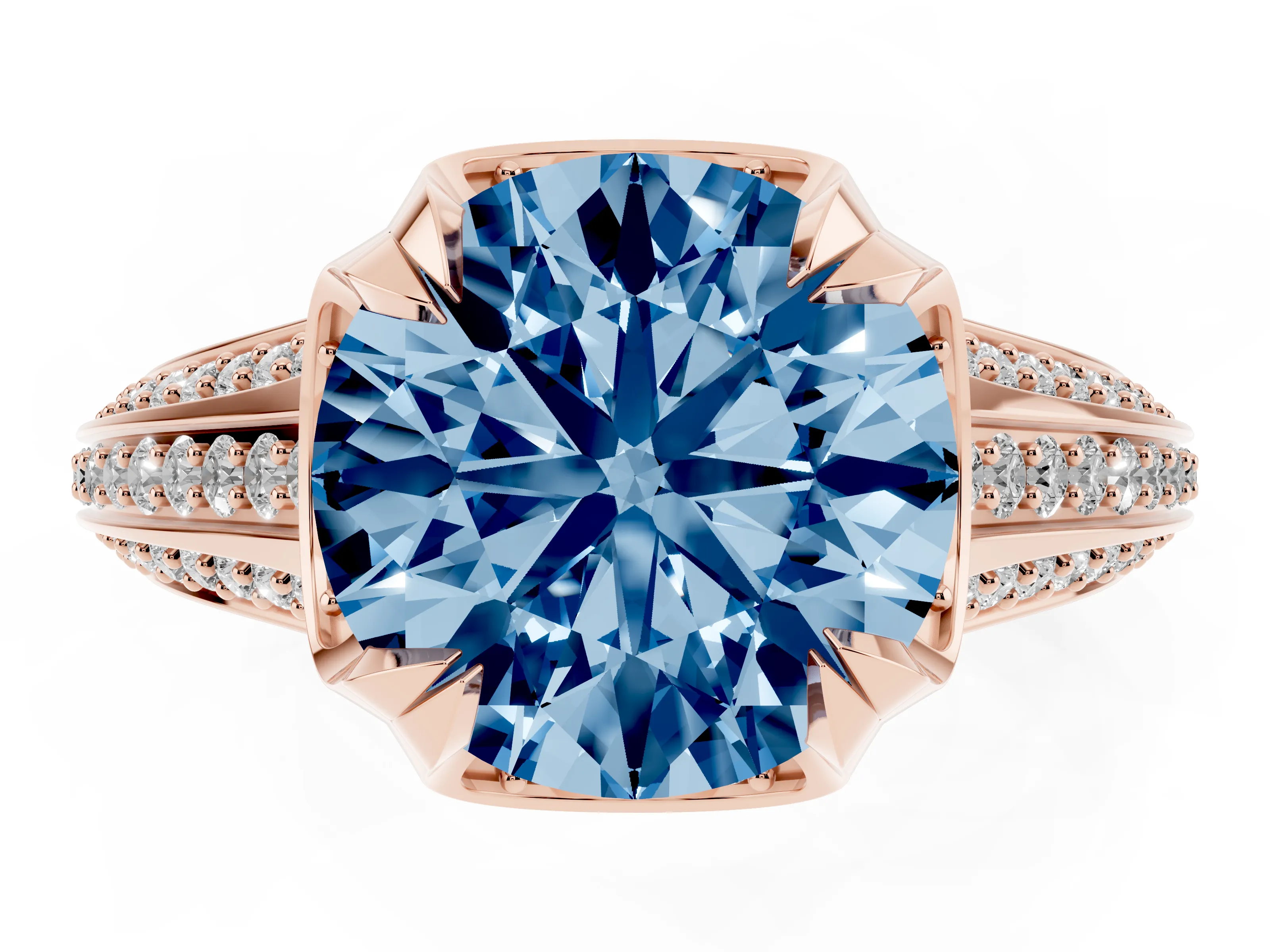 Fancy Blue Round Cut Diamond Pavé Split Shank Solitaire Ring Set in Rose gold with Prong Setting